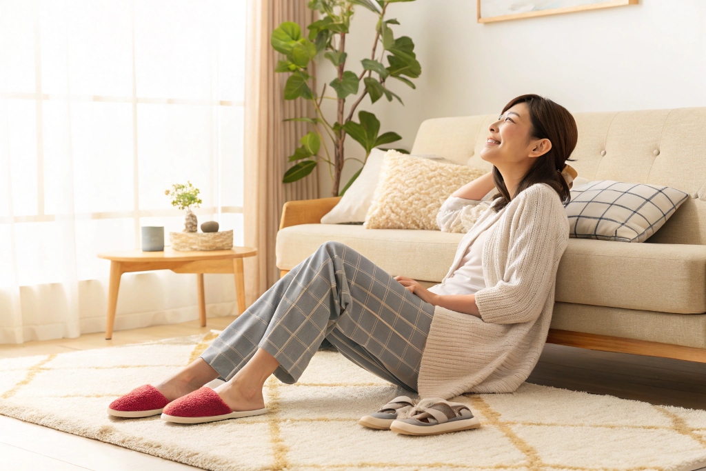 カーペットでくつろぐ女性