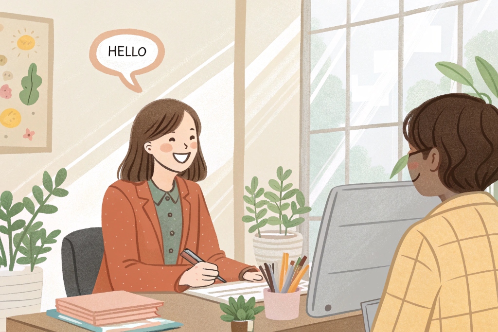 職場で挨拶をする女性