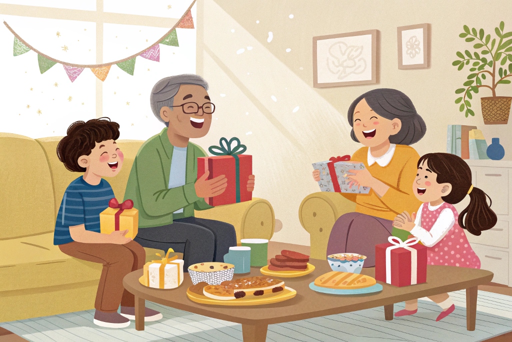 実家でパーティをする家族