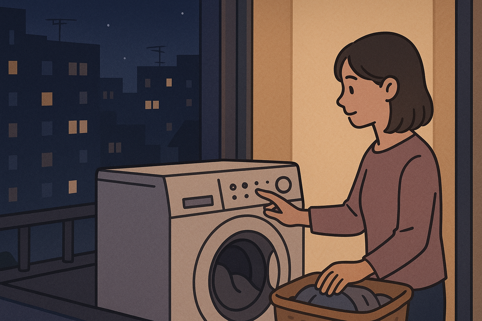 夜中に洗濯機を使用する女性