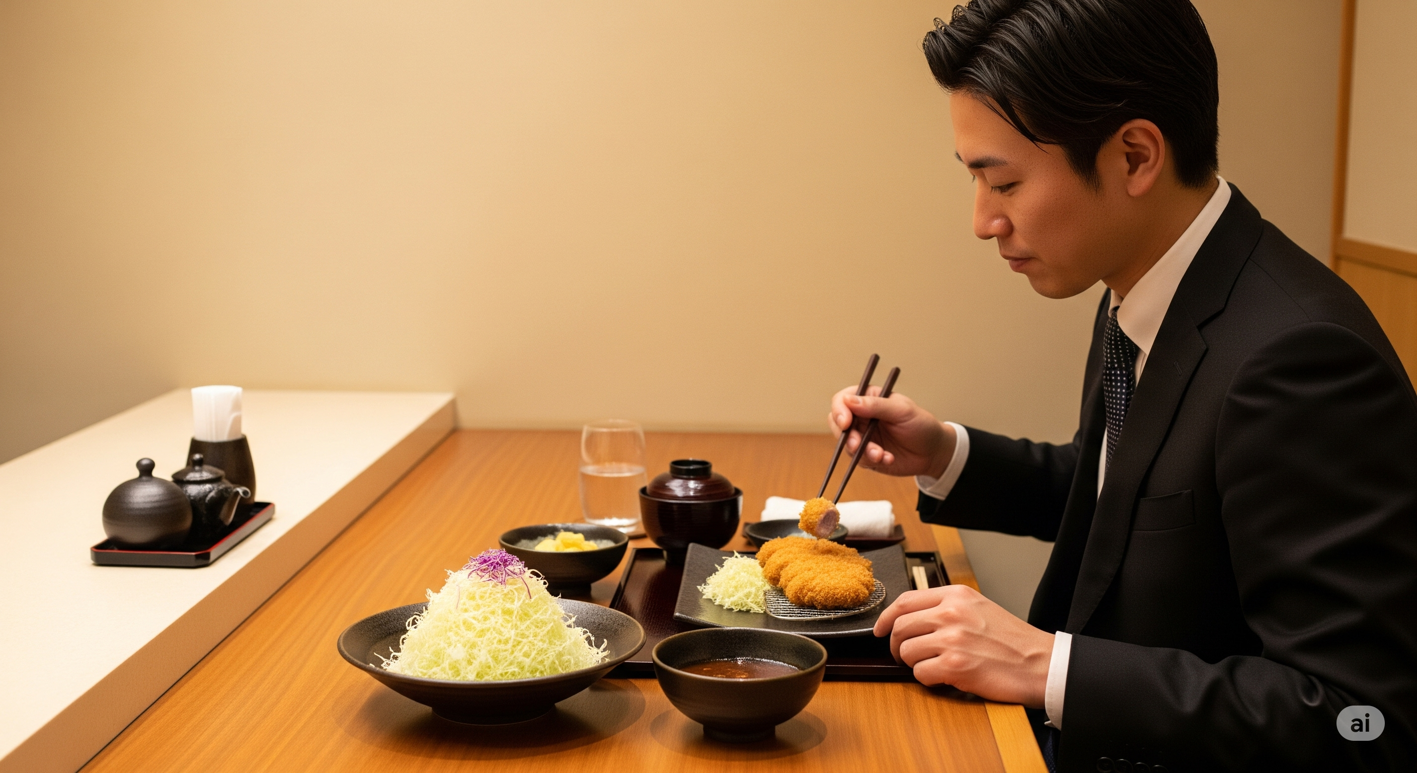 とんかつを食べるサラリーマン