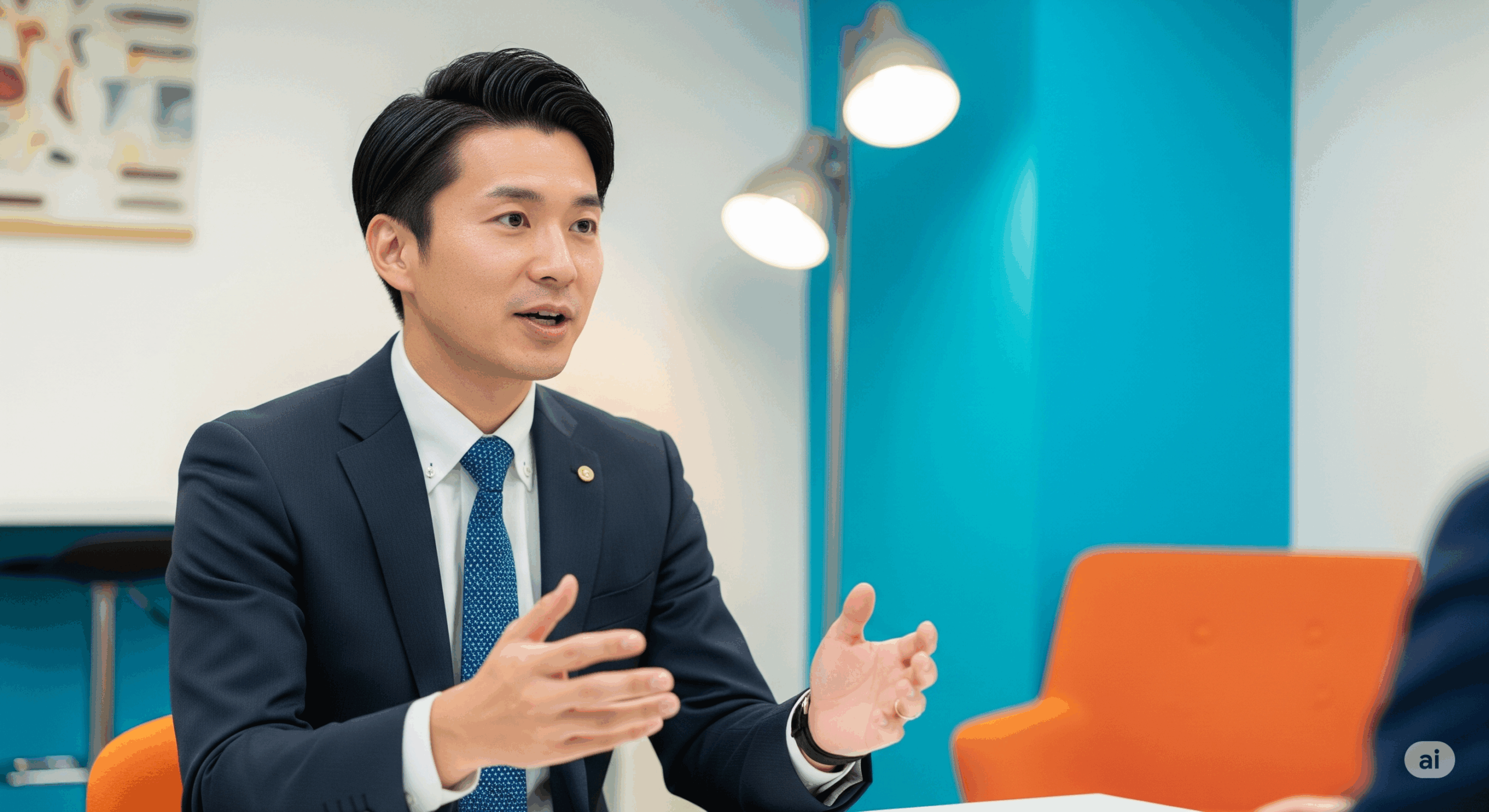 面接で自信を持って話す30代の日本人男性