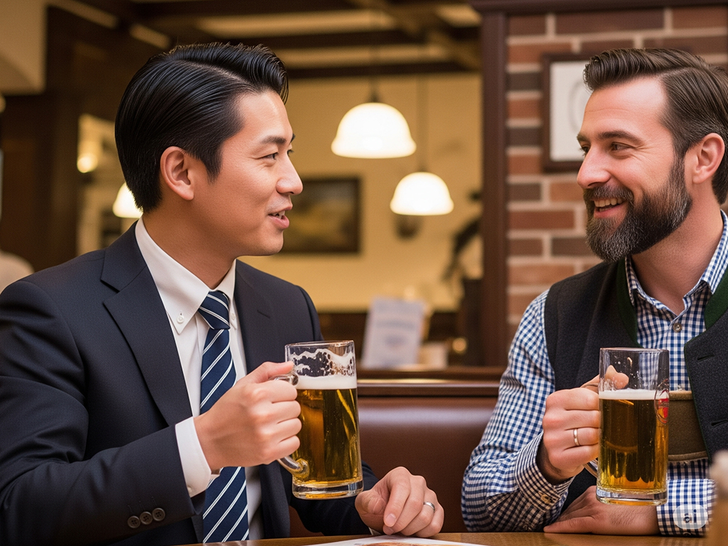 ドイツ料理を食べながら談笑する男性