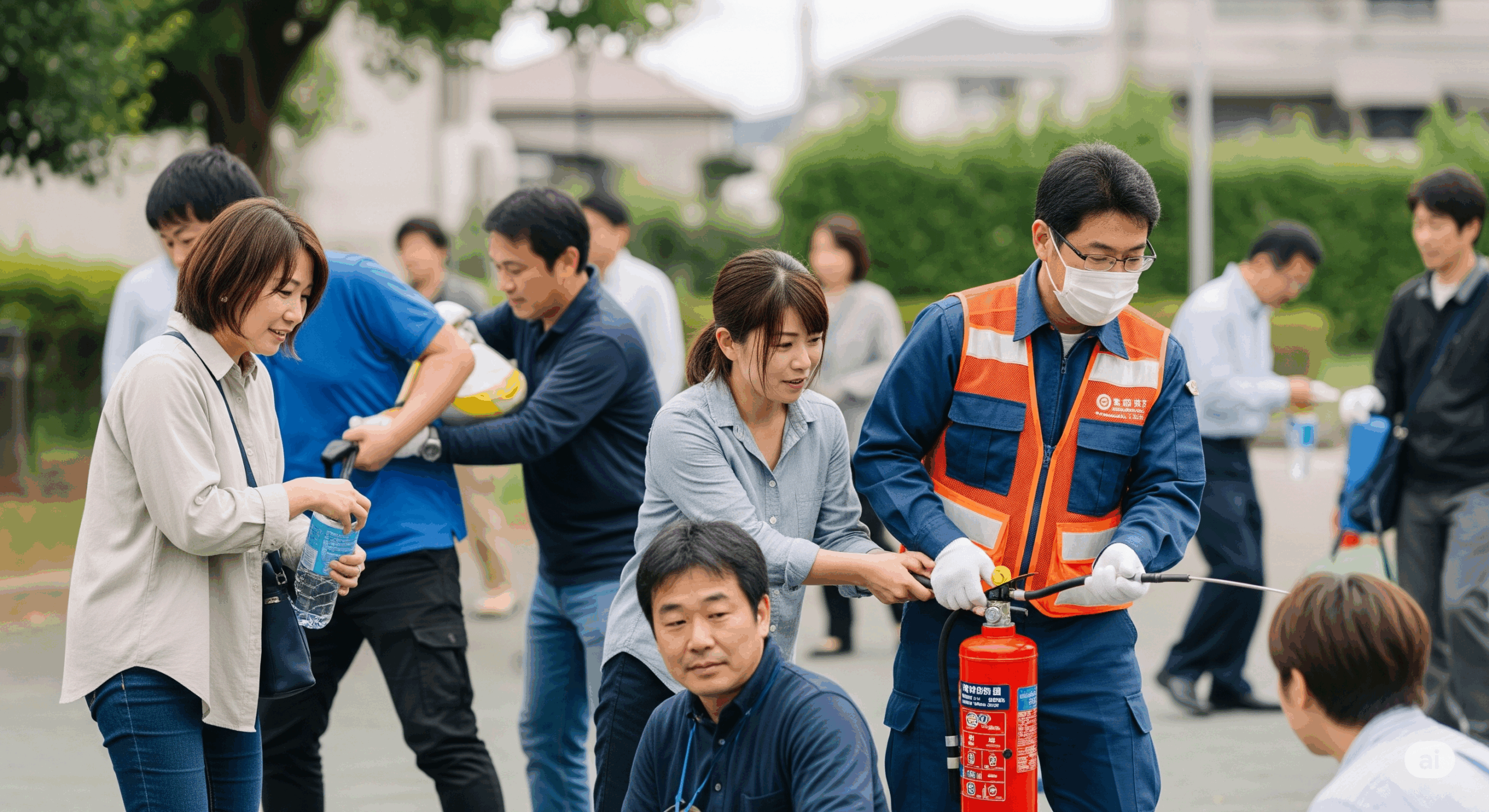 町内会活動の具体的な場面。地域の住民が集まって防災訓練をしている様子を描写。