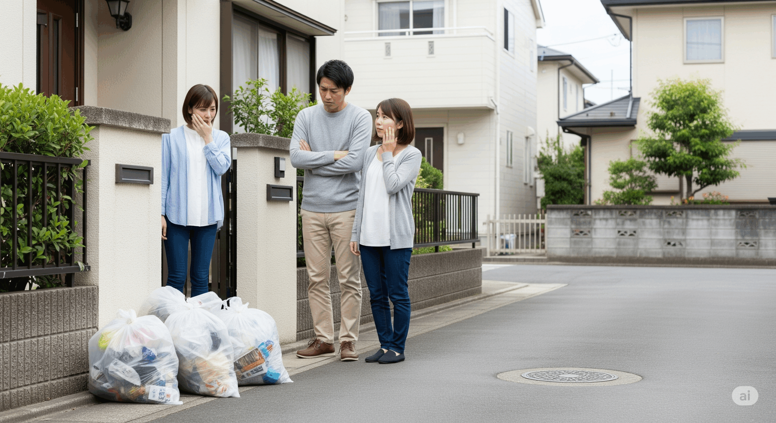 町内会費を支払わない場合の影響を示す場面。ゴミ出しができずに困っている日本人の家庭の様子。