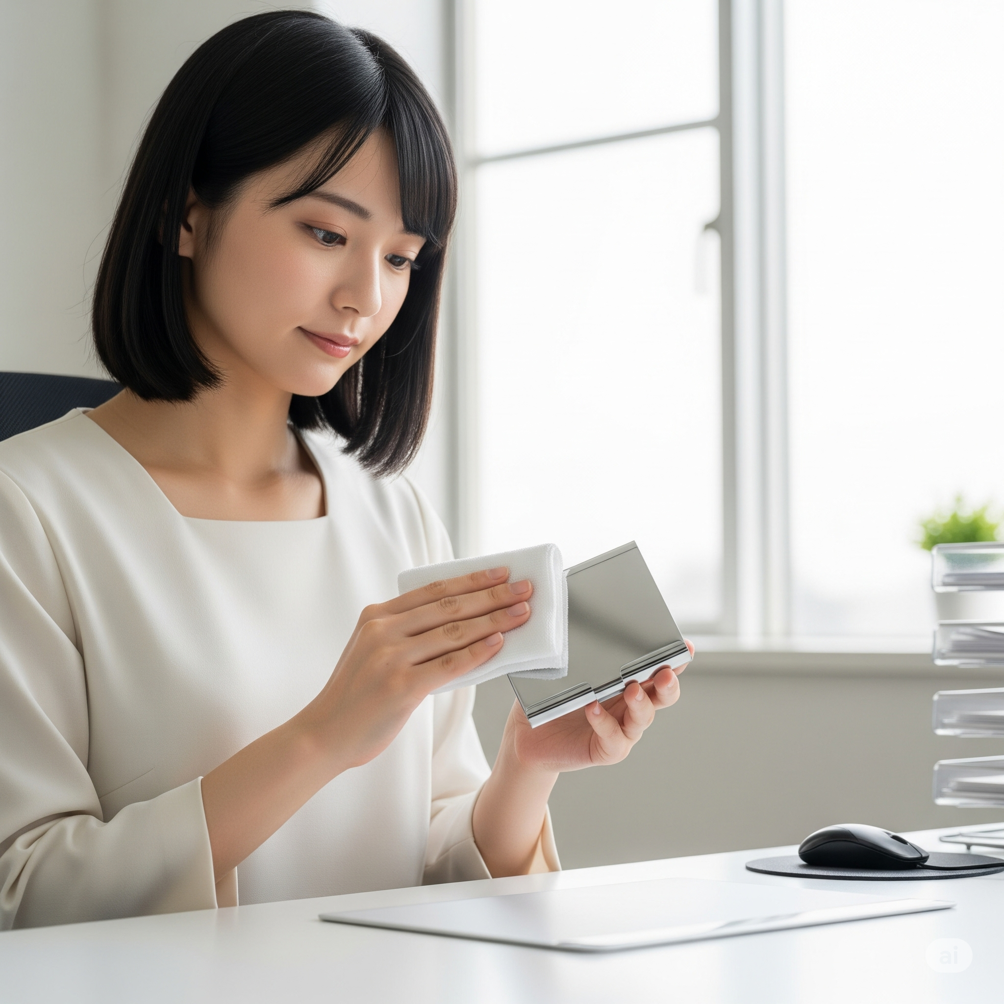 名刺入れを手入れする女性