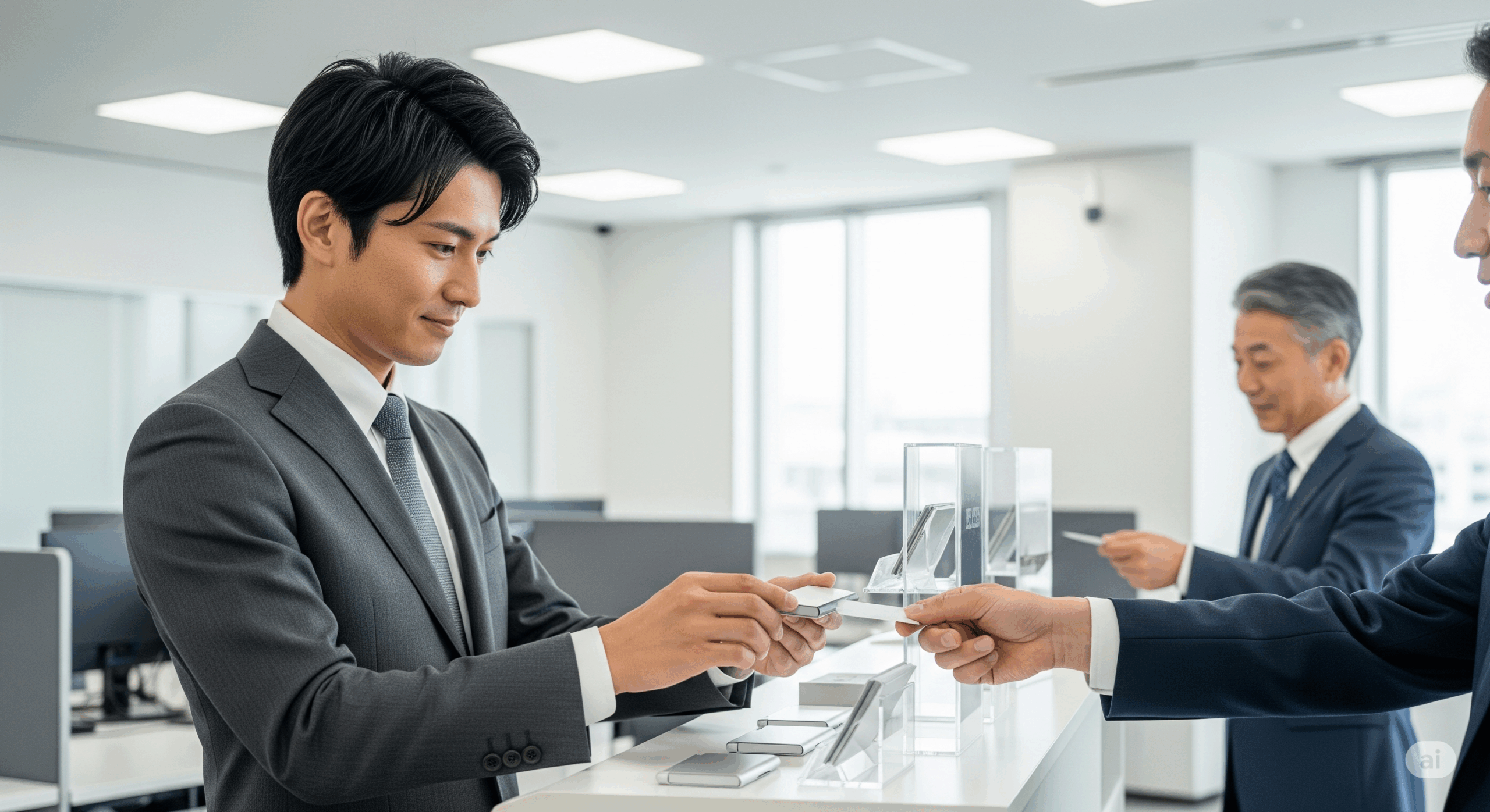 アルミの名刺入れをつかうビジネスマン