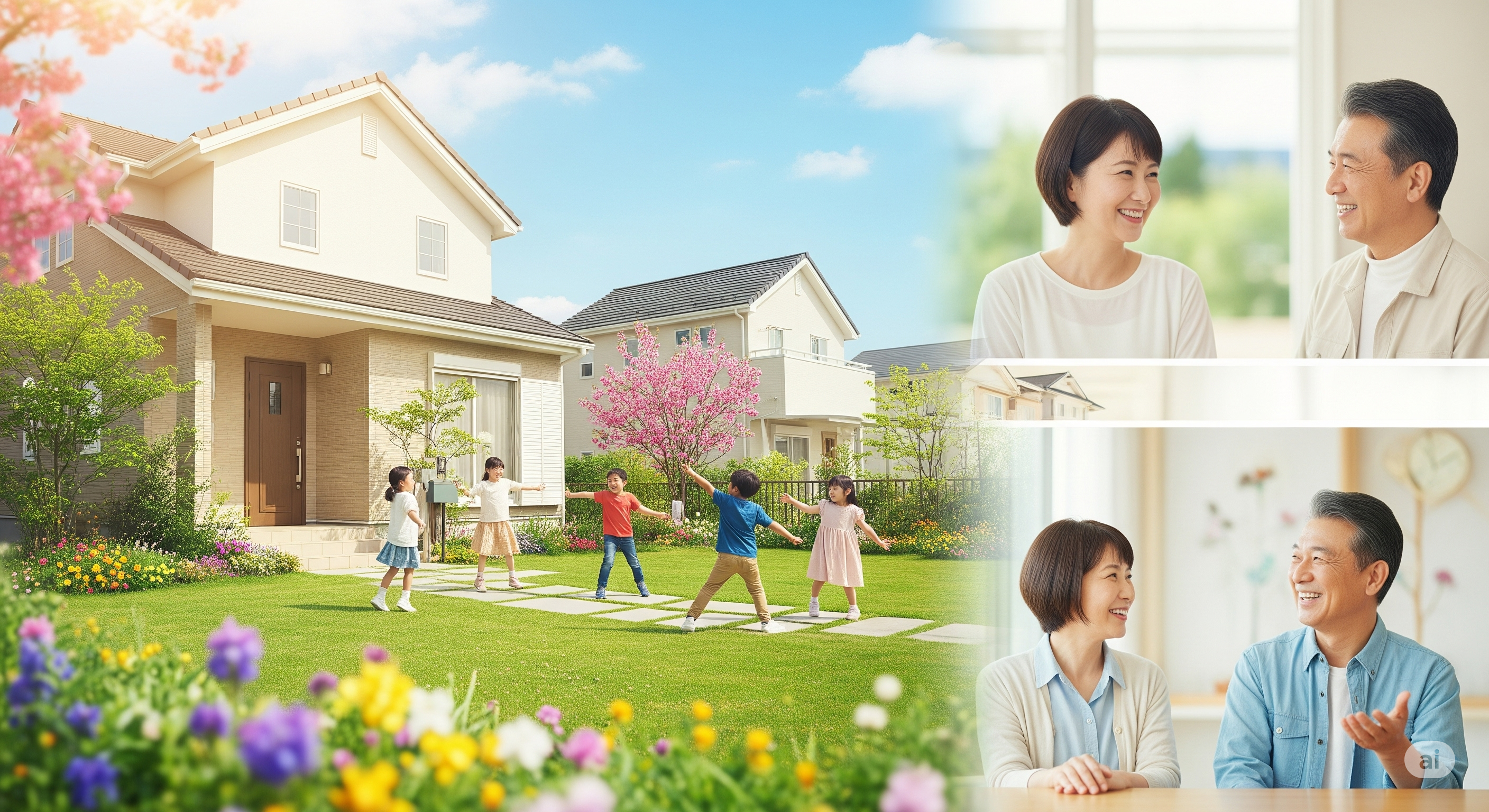 明るい色調の住宅街の風景。手前に庭で遊ぶ子供たちがいる一戸建ての家があり、その隣に隣人がいる