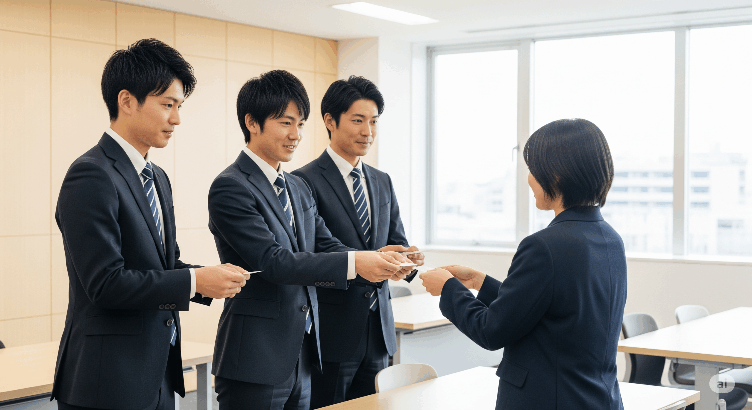 ビジネスシーンで日本人ビジネスマンが取引先相手に丁寧に挨拶している場面