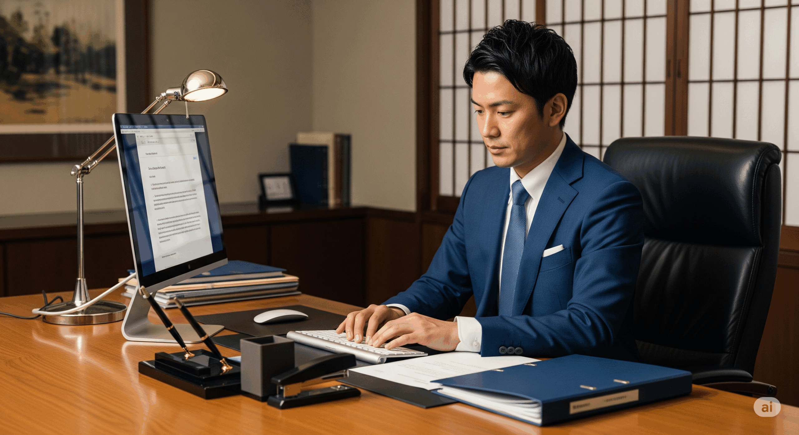 ビジネスマンがメールを作成している場面