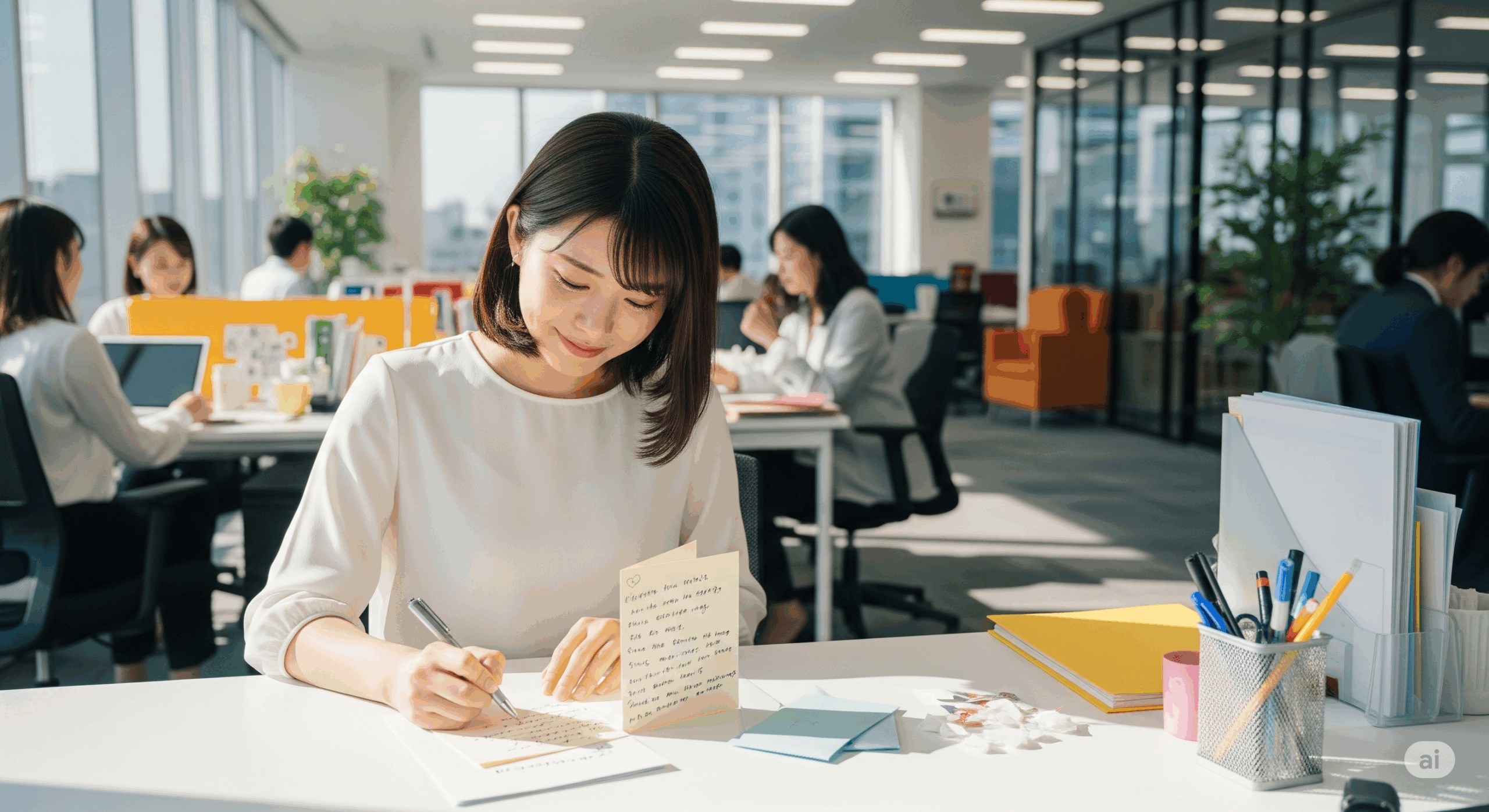 パートタイムの日本人女性が退職挨拶状を書いている場面