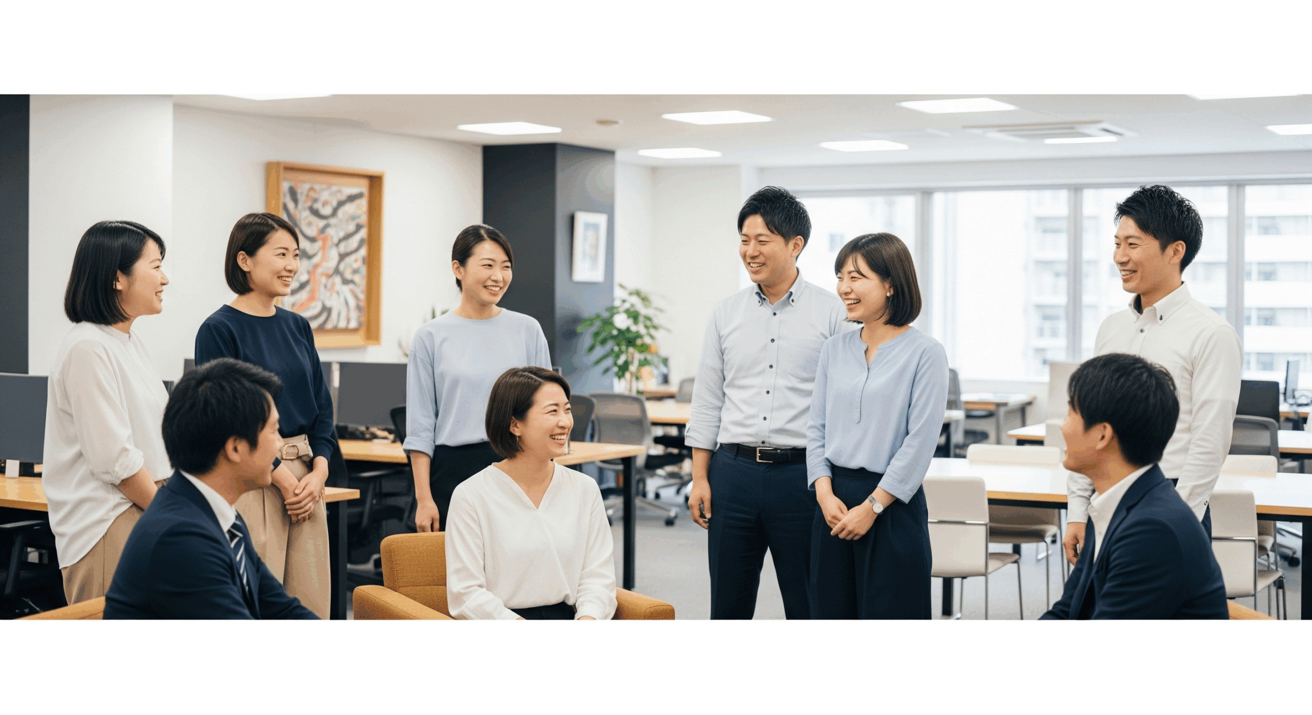 職場の人々が和やかに話している場面