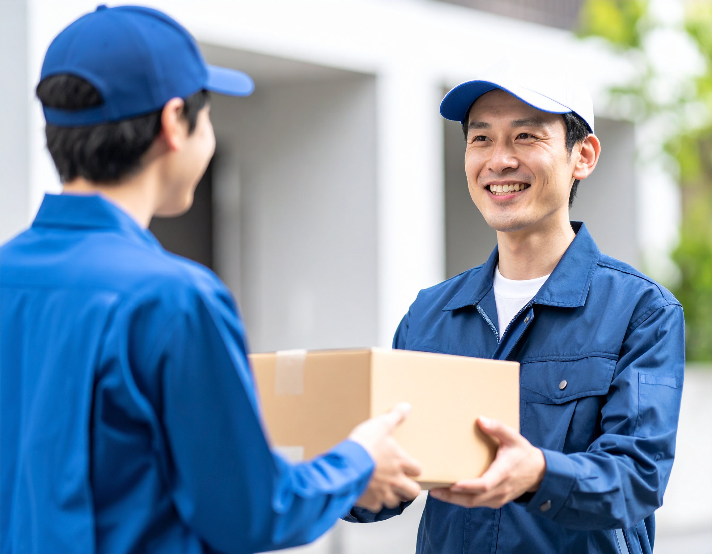 30代の日本人男性が宅配員にお礼の言葉を笑顔で伝えるシーン