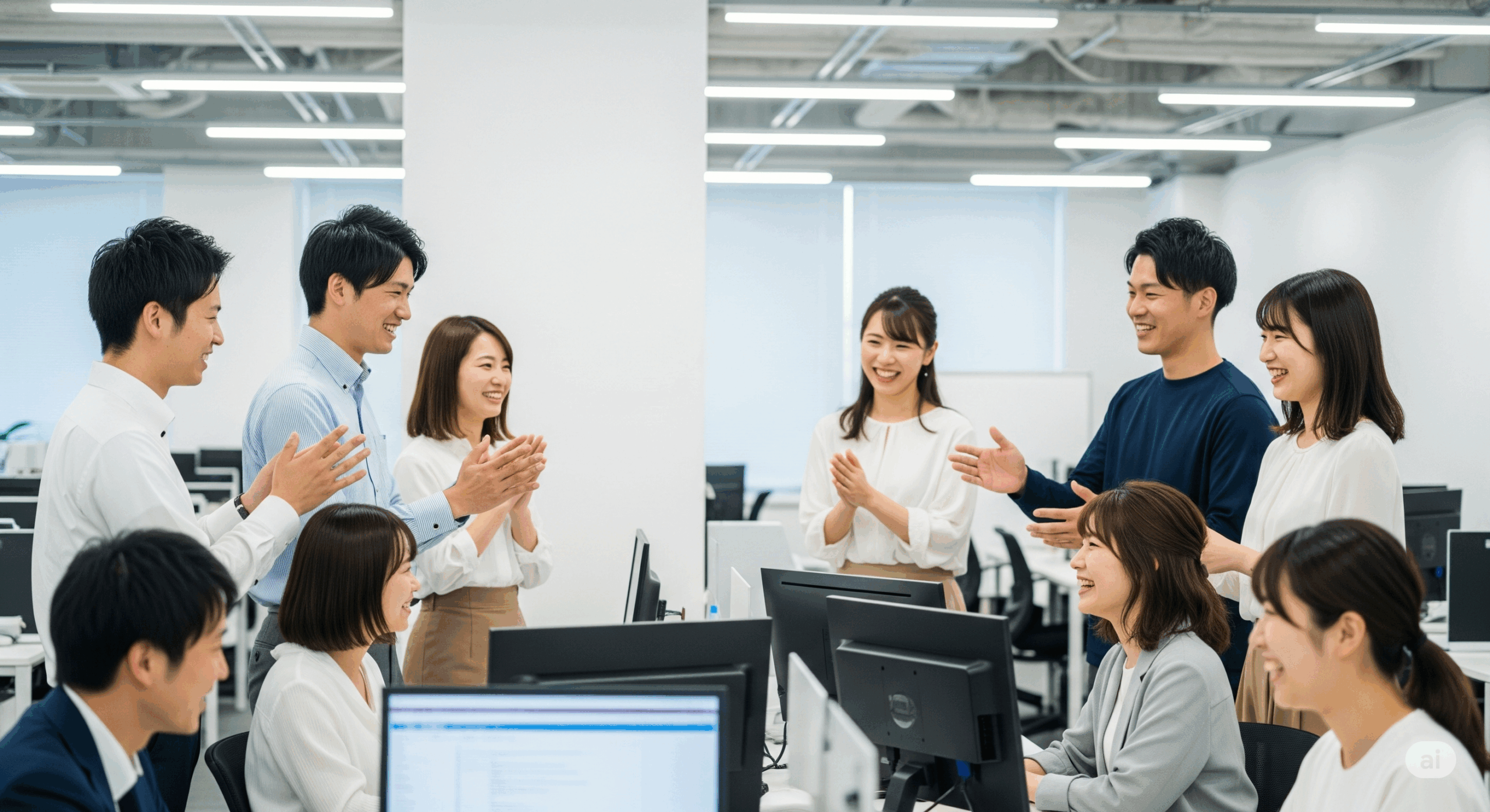 朝の挨拶を交わす日本のビジネスマンの様子