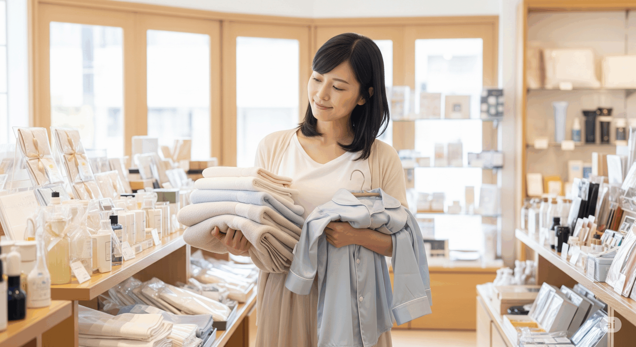 お見舞い品を選んでいる30代の日本人女性