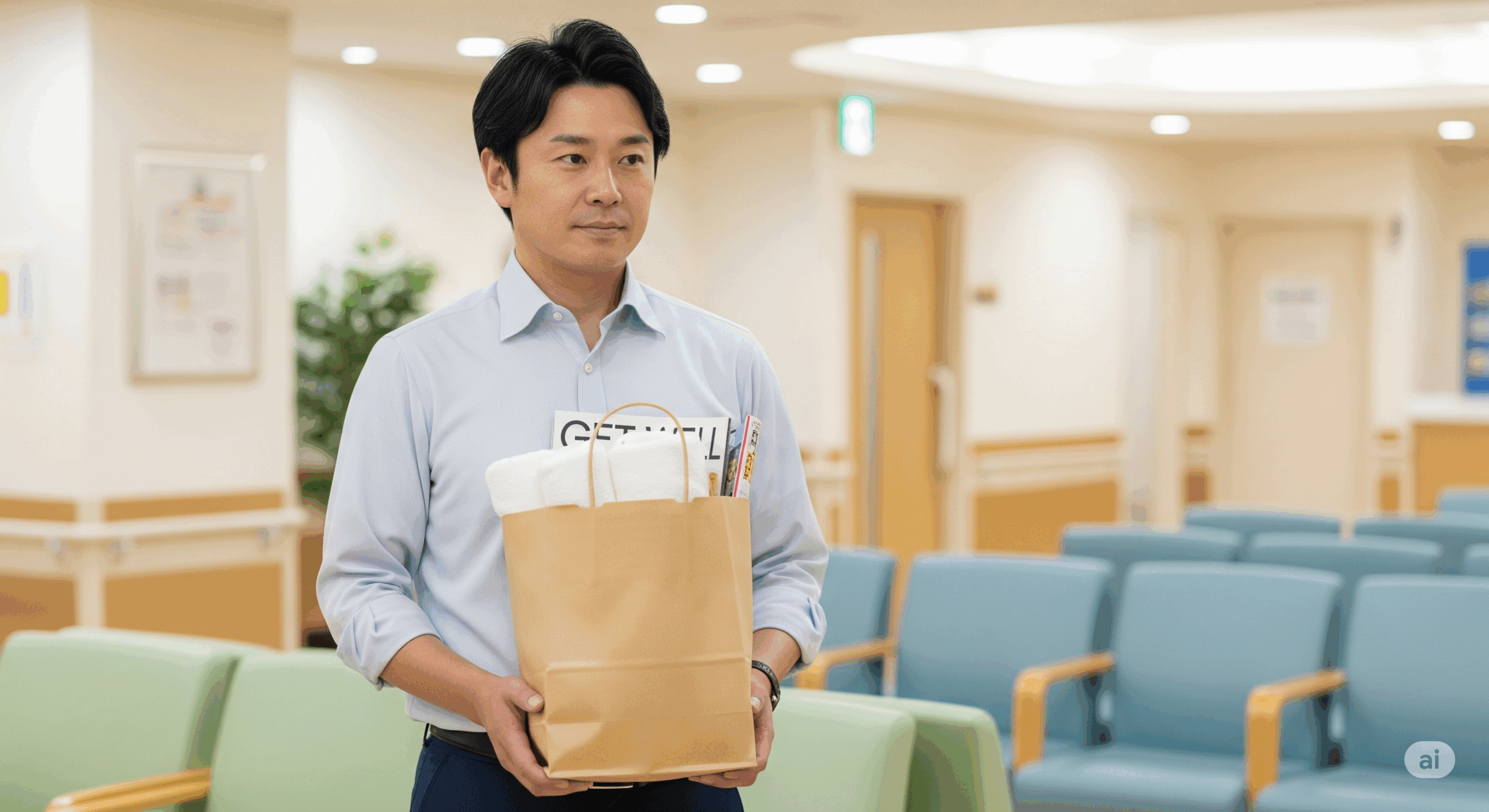病院の待合室でお見舞い品を持っている40代の日本人男性