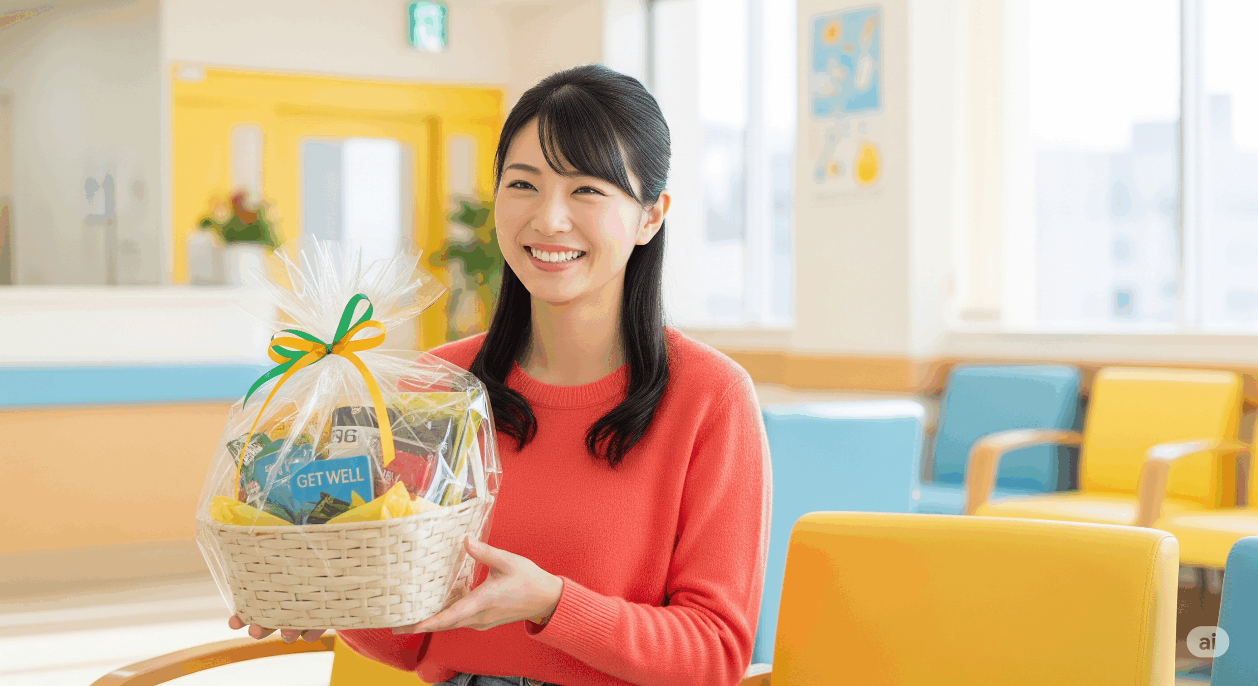 病院の待合室でお見舞いの品物を持った20代の日本人女性が微笑んでいる様子