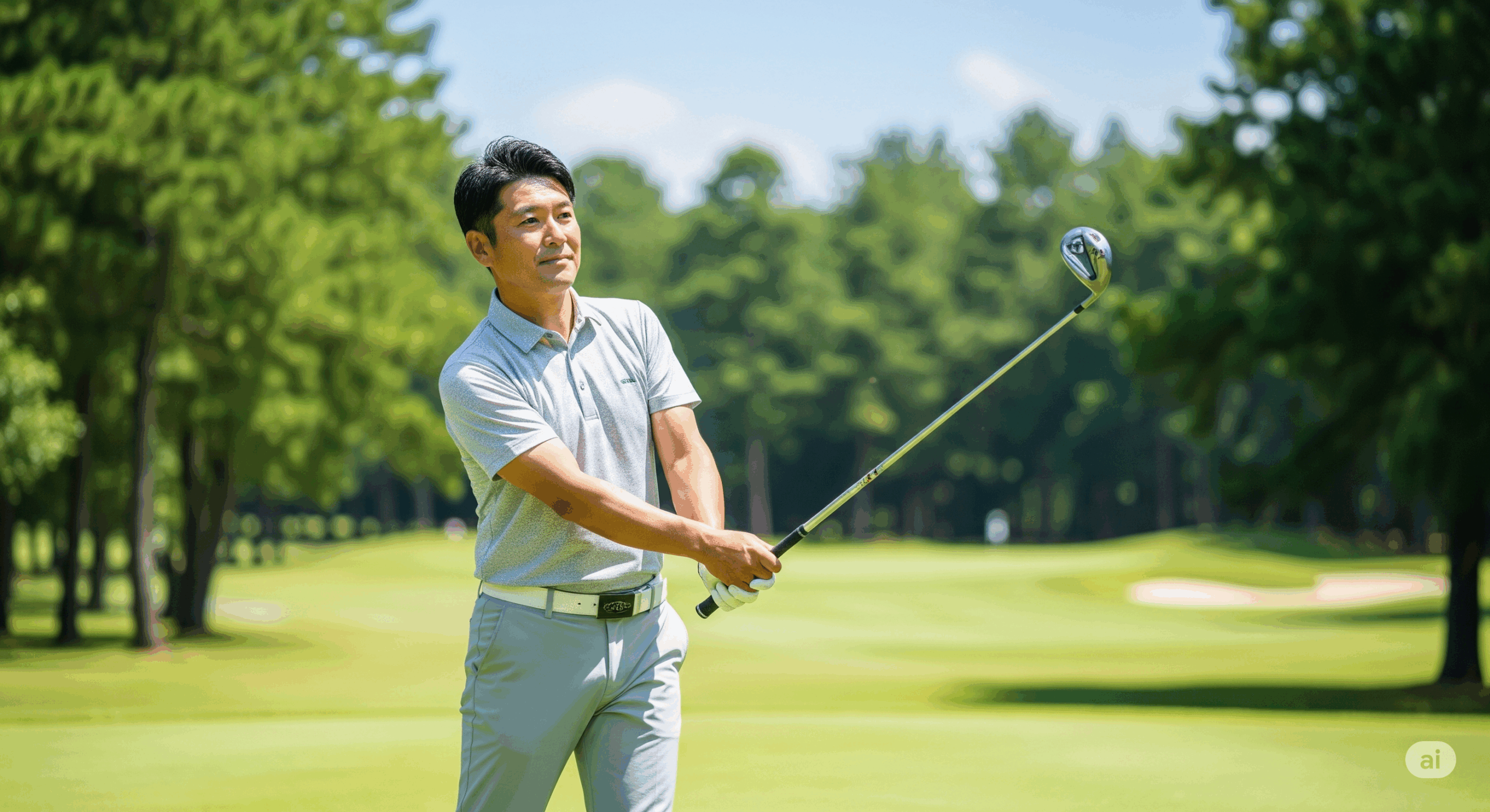 ゴルフ場で空調服を着た控えめなデザインのゴルフウェアを着た日本人男性がポロシャツとともにプレーしている様子