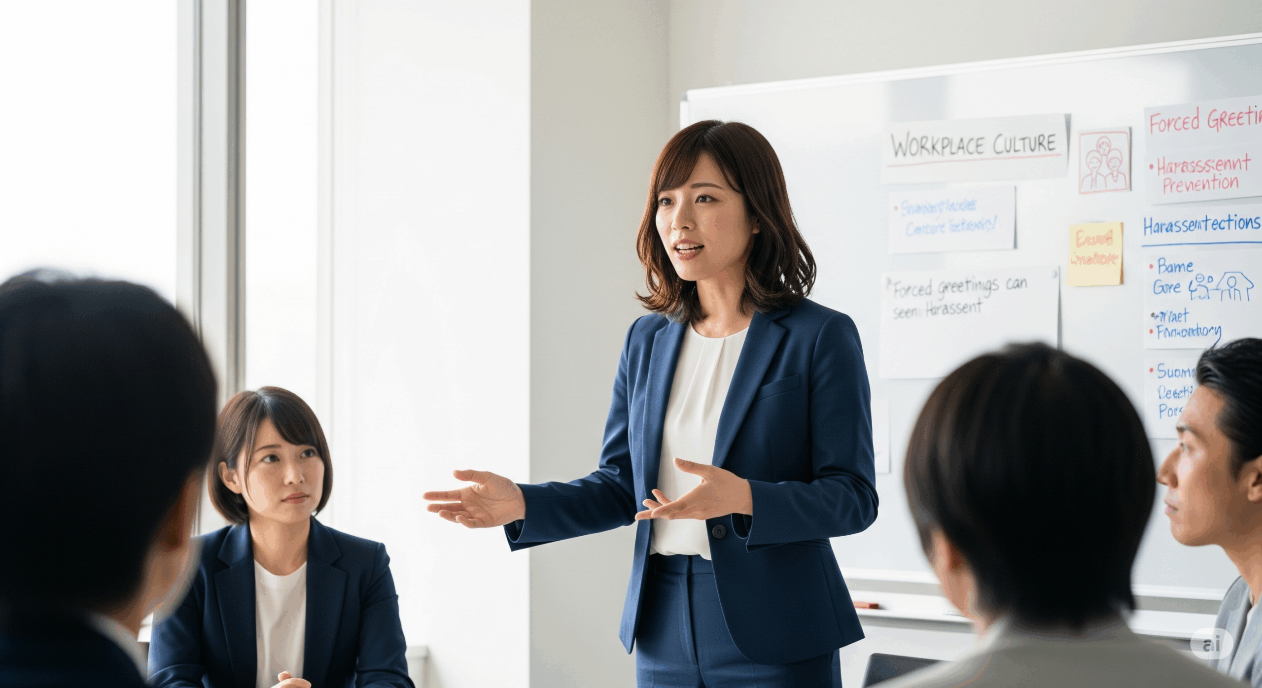 挨拶の強要がハラスメントとして認識される状況を説明する30代の日本人女性の姿