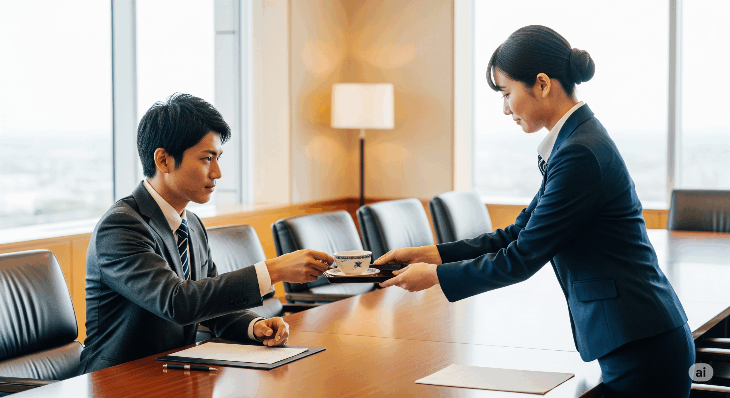 ビジネスシーンでのフォーマルな場面で、日本人ビジネスマンが打ち合わせで出されたお茶を受け取る瞬間