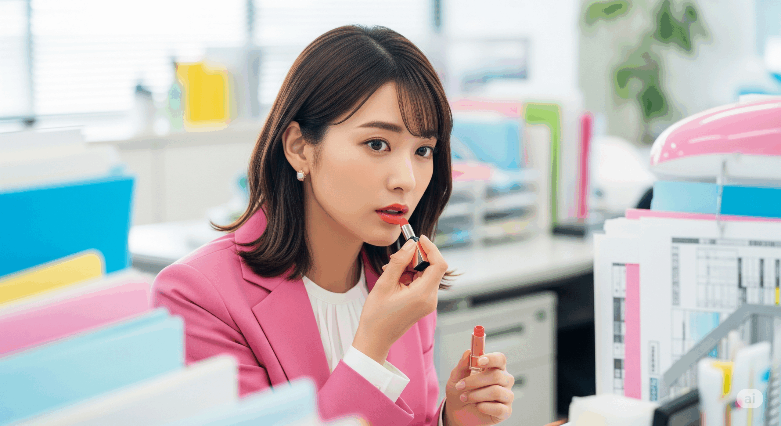 日本のオフィスで働く20代の日本人女性が、丁寧に化粧をしている場面