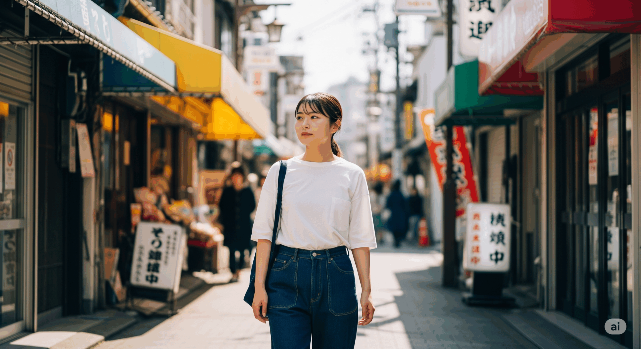 日本の街中で、化粧をしていない20代の日本人女性が自信を持って歩いているシーン