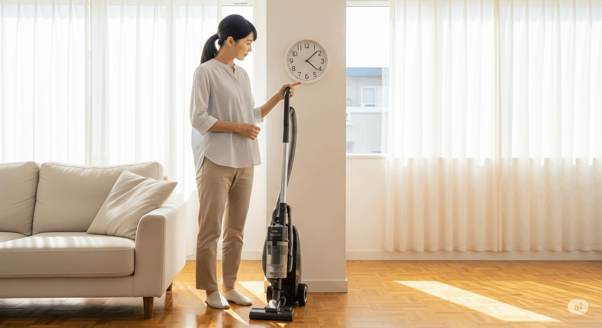 マンションのリビングルームで時計を見ながら掃除機の使用を検討している30代の日本人女性