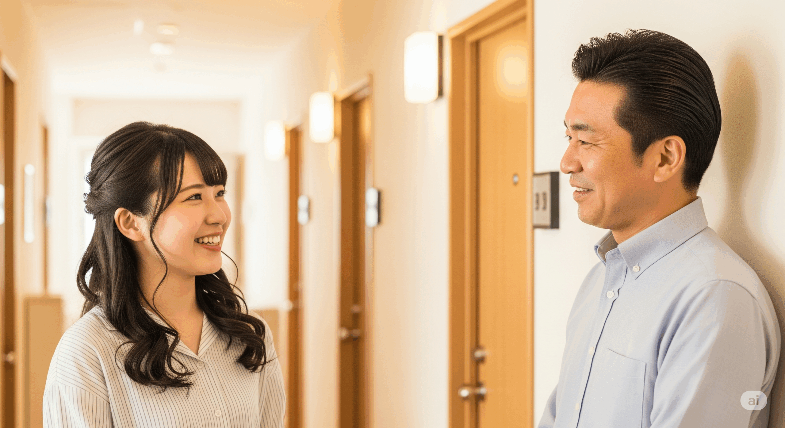 アパートの廊下で隣人同士が挨拶を交わしている様子