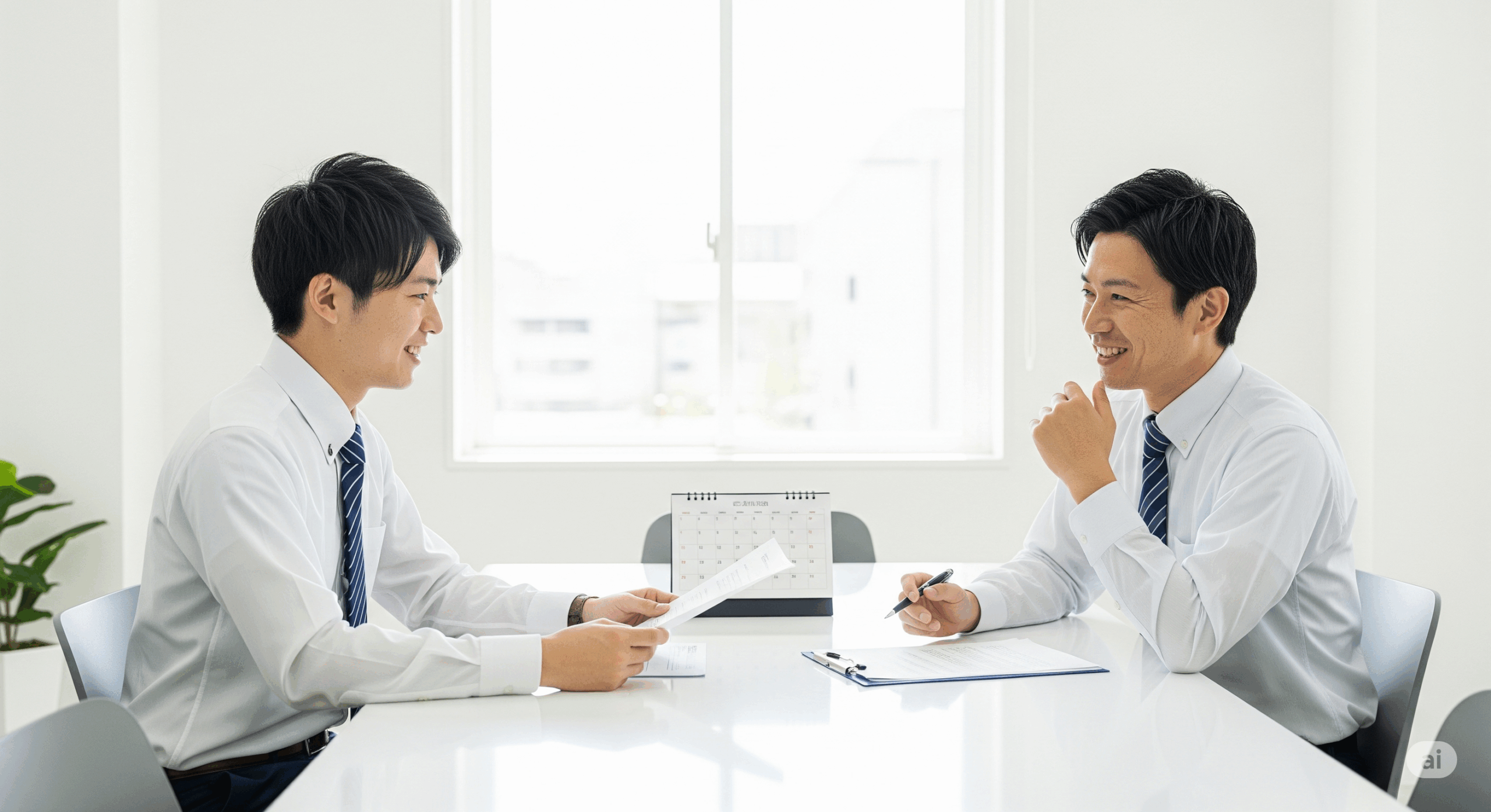 明るいオフィス会議室で、20代の日本人新入社員が30代の日本人上司と向かい合って座り、有給申請について相談している様子