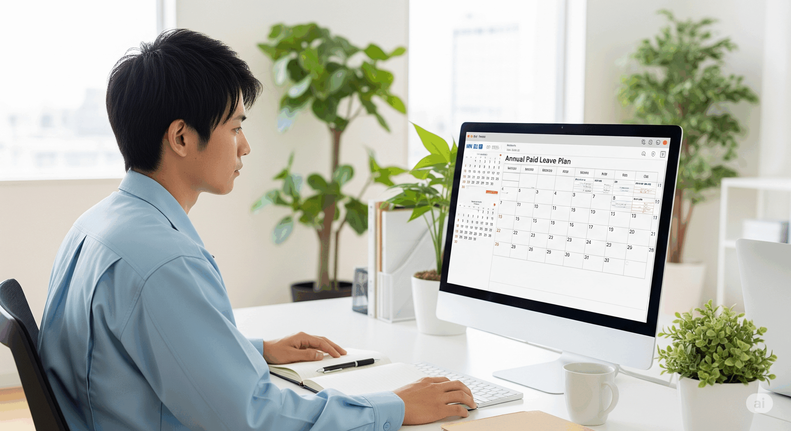 20代の日本人新入社員がパソコンの前で年間有給取得計画をカレンダーアプリで作成している様子
