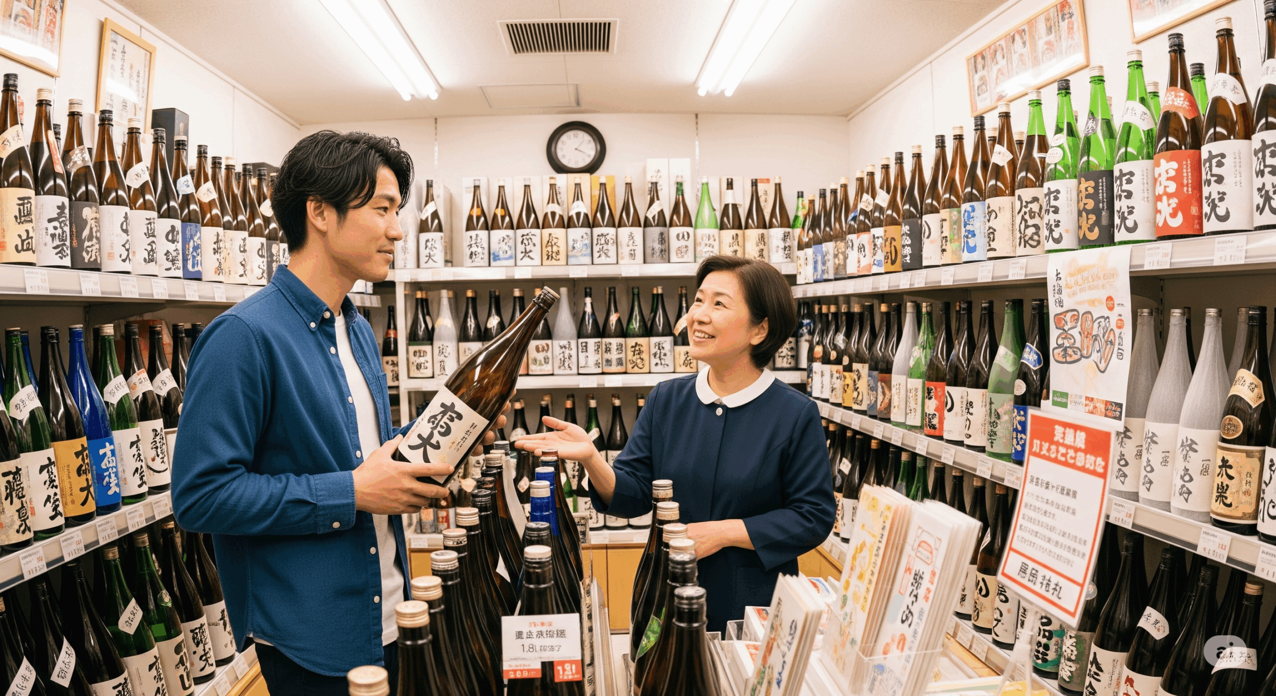 30代の日本人男性が店主と相談しながら奉納用の日本酒を選んでいる場面