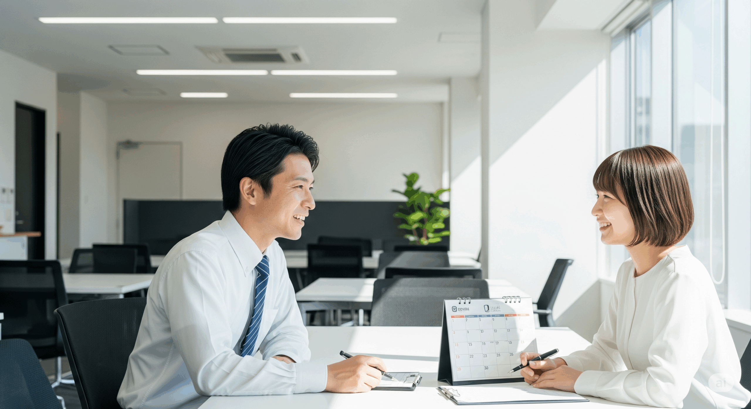 30代の日本人男性上司と20代の日本人女性部下が机を挟んで向かい合い、カレンダーやスケジュール表を見ながら和やかに話し合っている様子