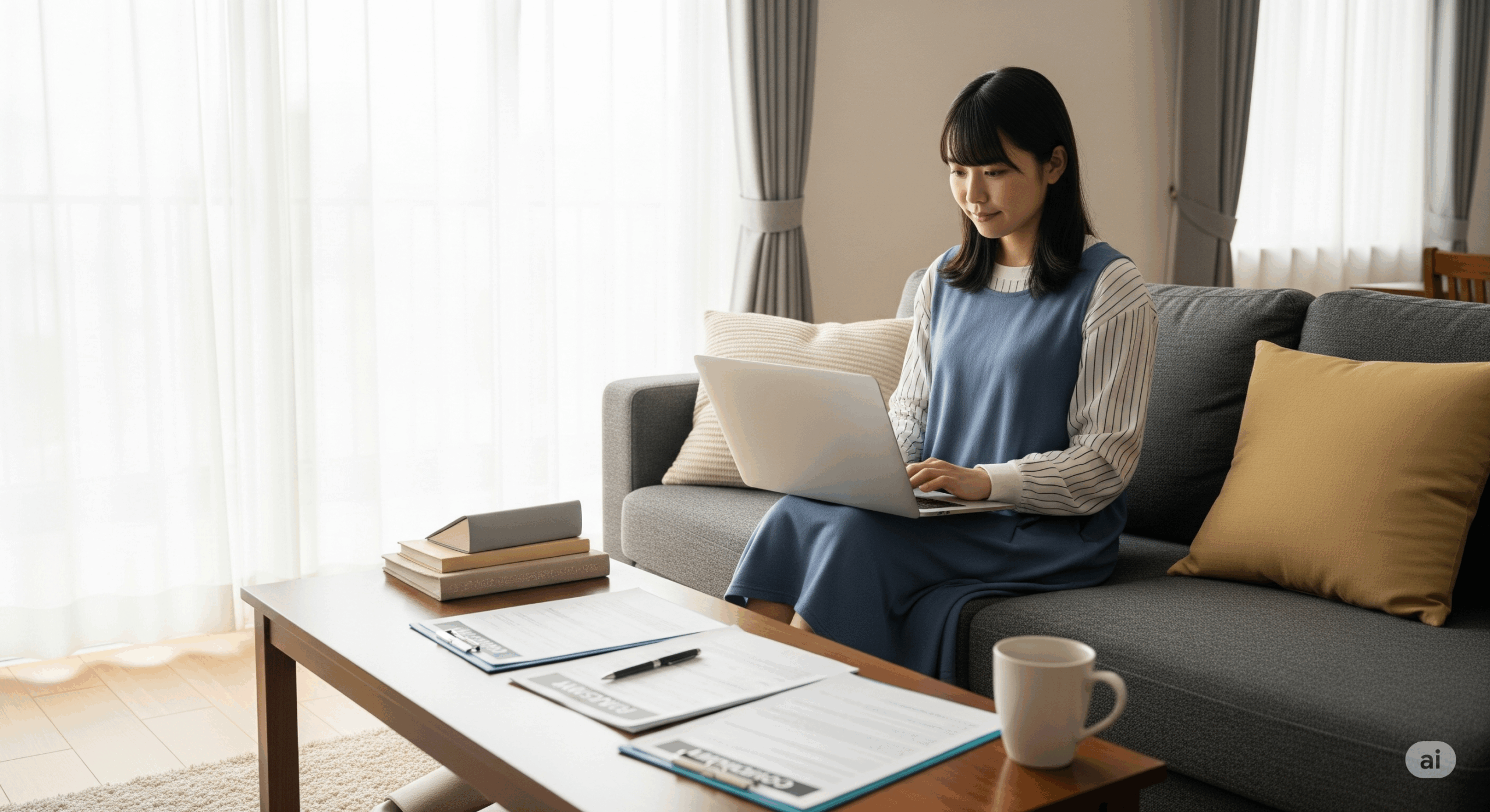 リビングでリラックスしている20代後半の日本人女性