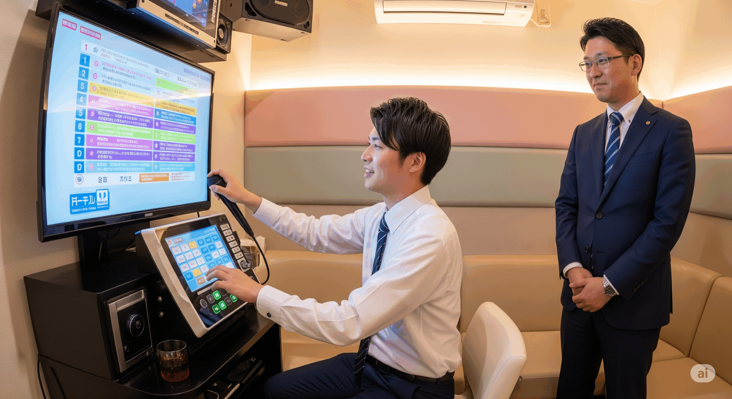 20代の日本人会社員がカラオケの機械を操作しながら選曲している様子