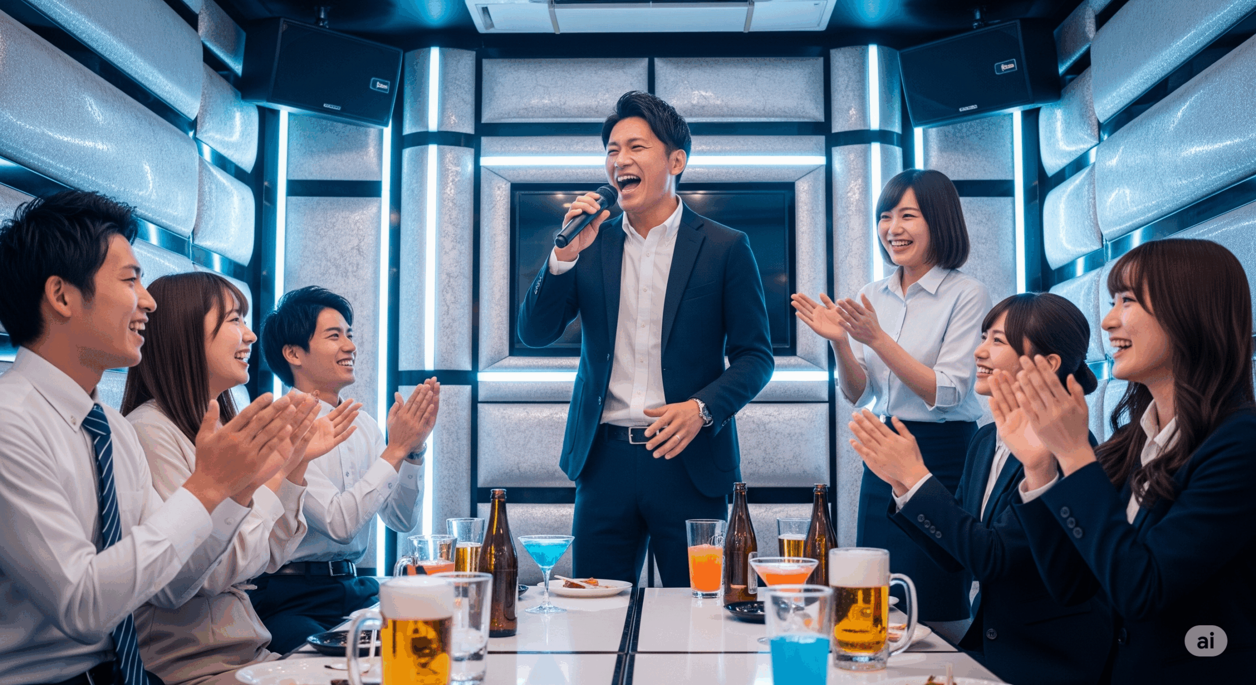 30代の日本人上司がマイクを持って歌っている間、20代の会社員数名が手拍子をして盛り上げている楽しい雰囲気