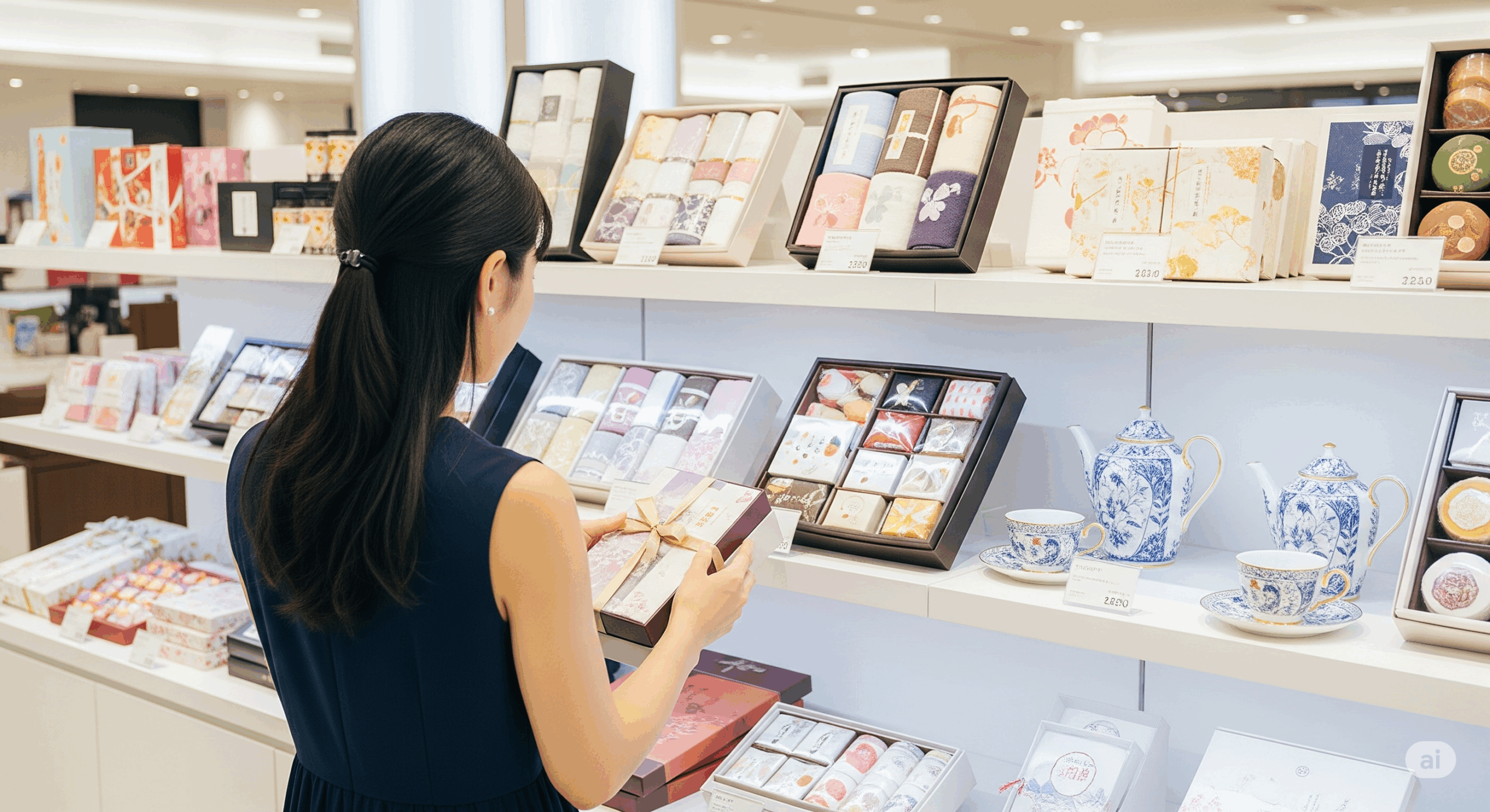 お中元のお返しギフトを選んでいる様子を表現した明るい場面