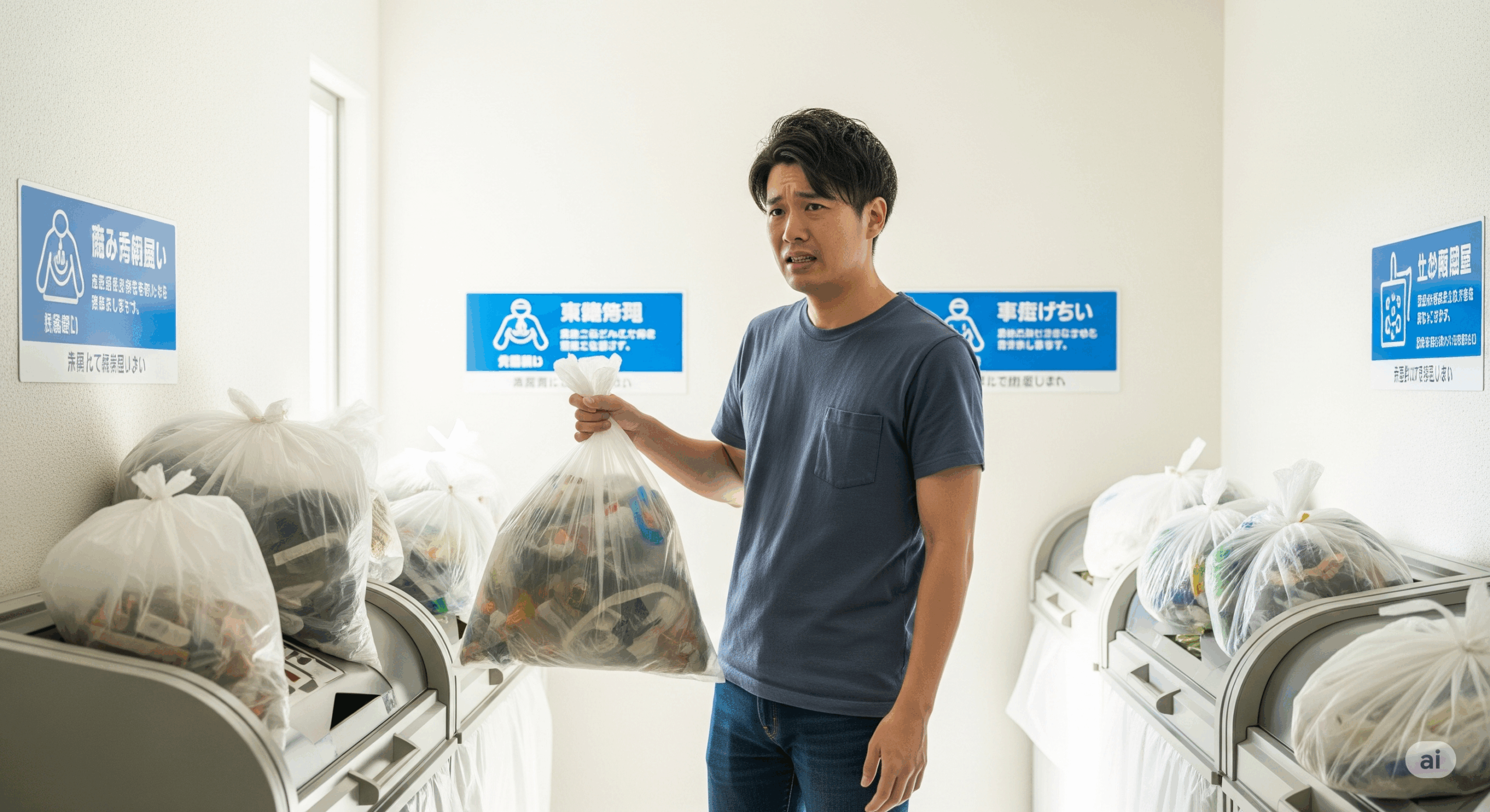 30代の日本人男性が間違えて出したゴミ袋を持って困った表情をしている