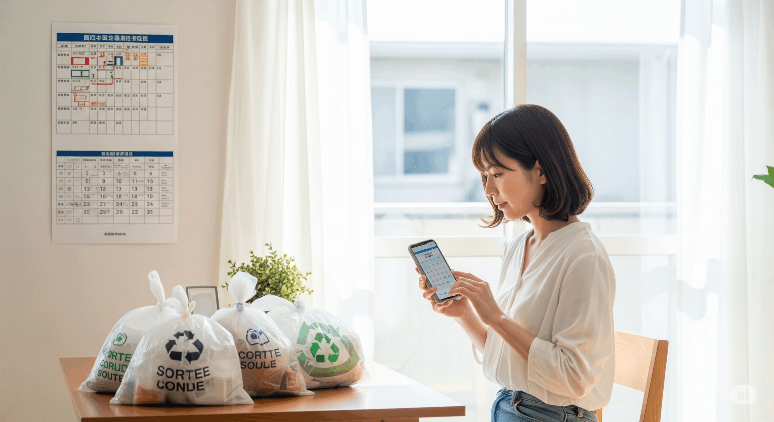 30代の日本人女性がスマートフォンを見ながらゴミ出しカレンダーをチェックしている場面