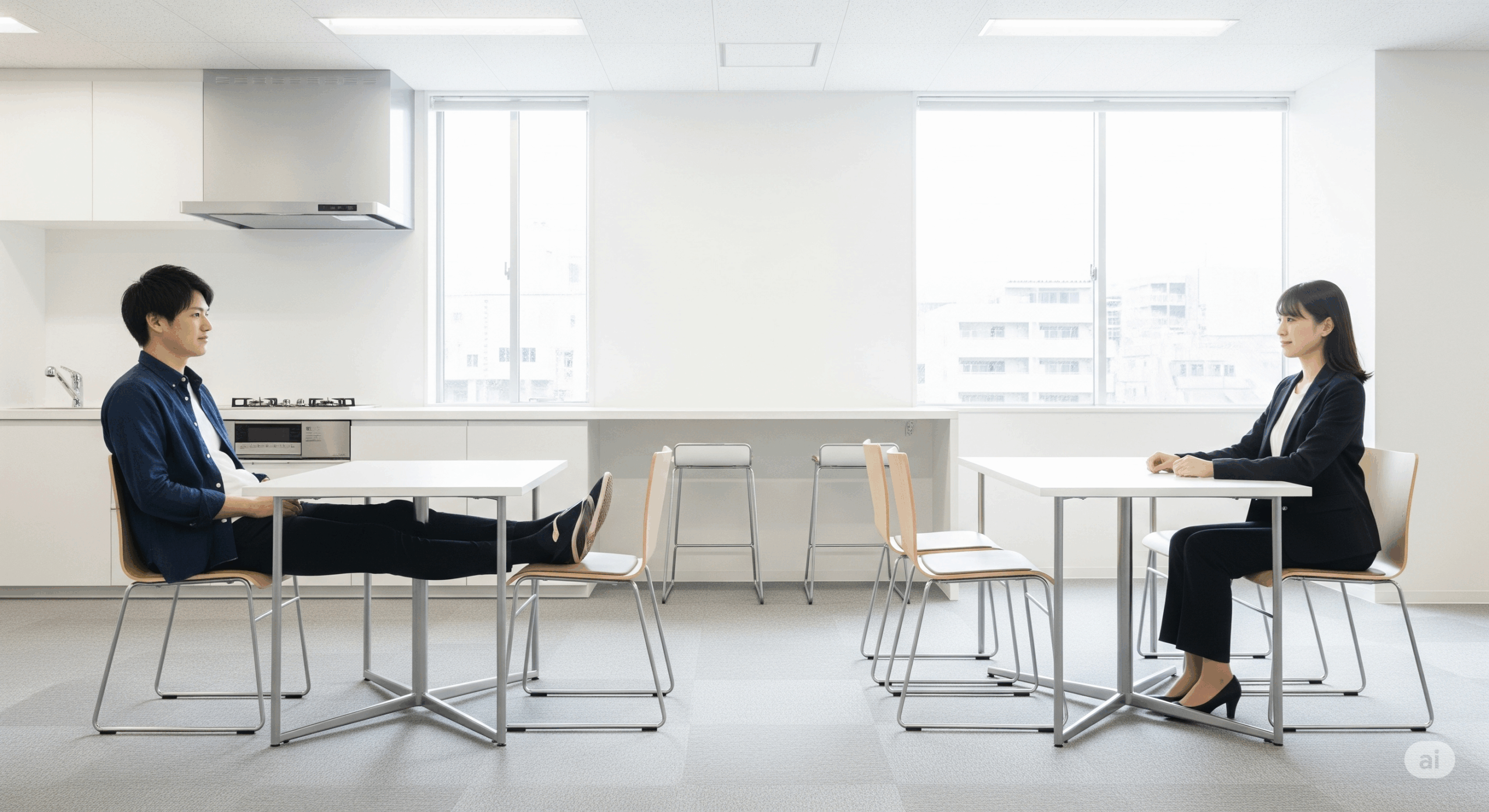 会議室で足を椅子に乗せている人