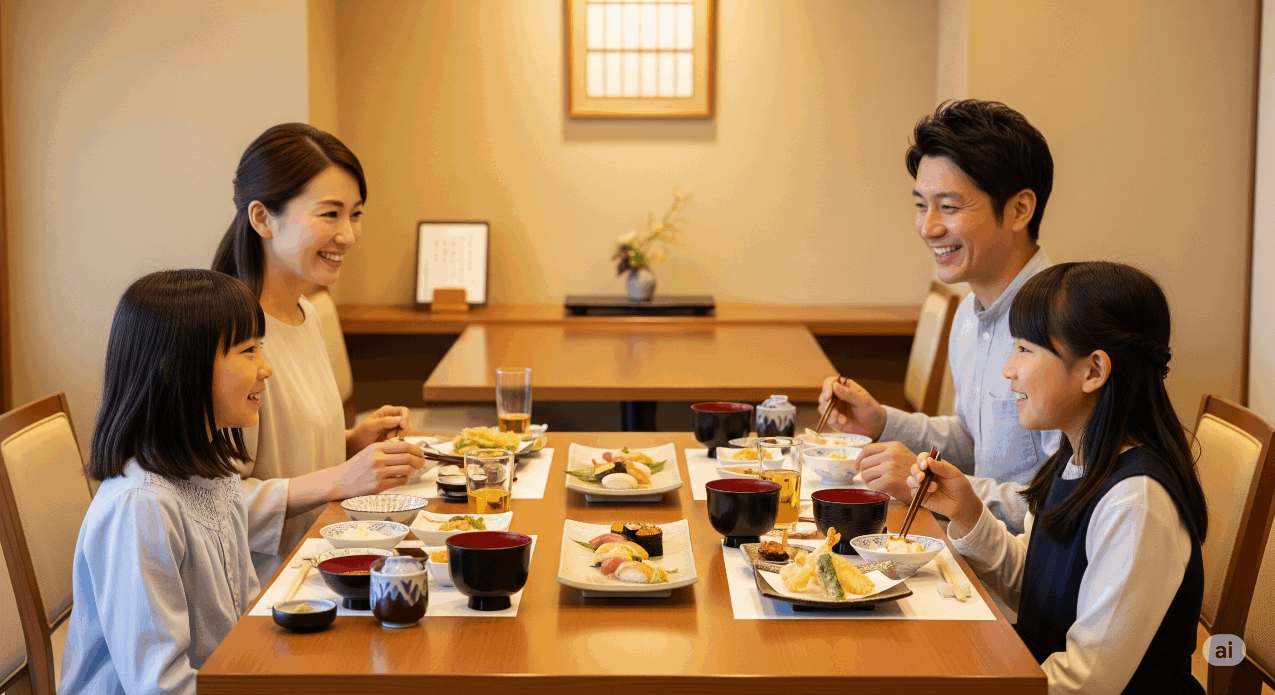 家族でマナーよく食事をしている風景