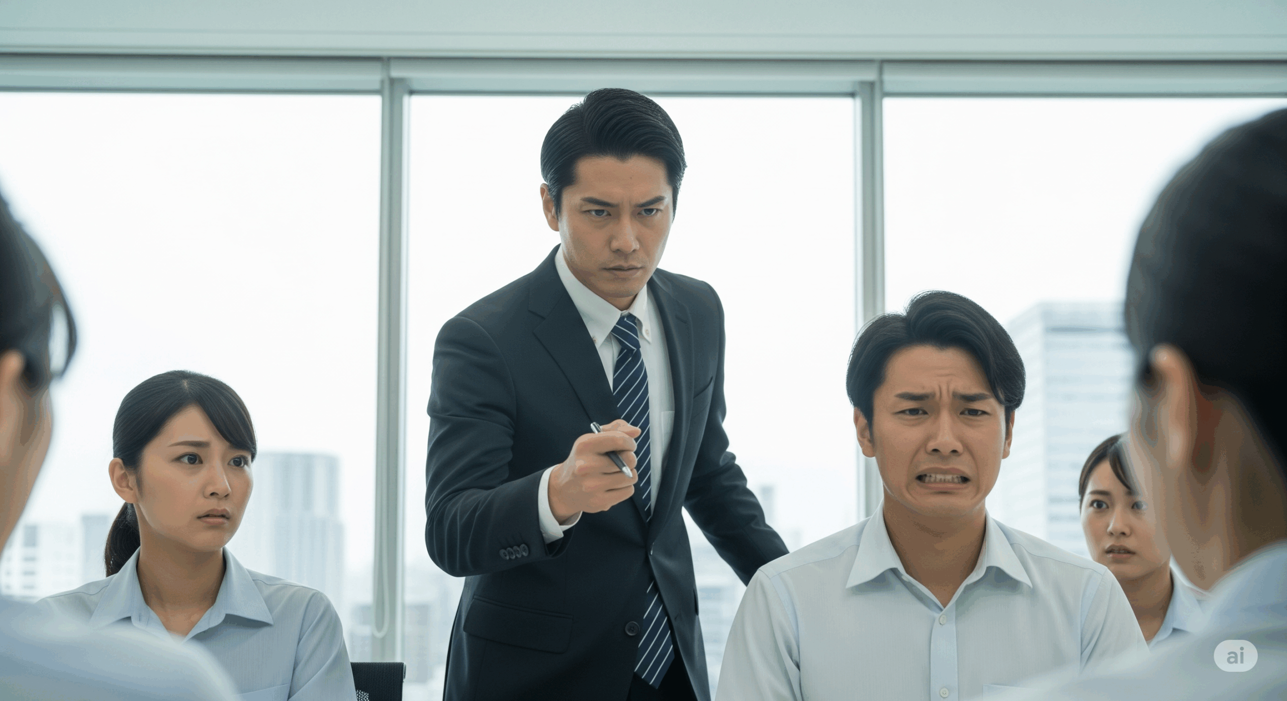 30代の日本人男性管理職が部下に対して過度に厳しい表情で指導している場面