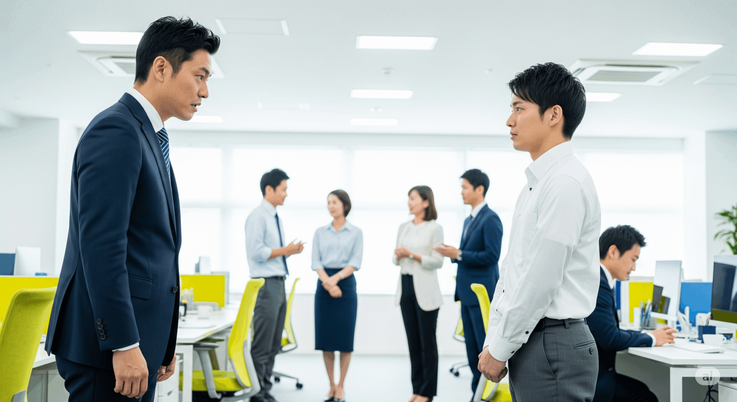 30代の日本人男性上司が部下に対して冷たい態度を取っている場面