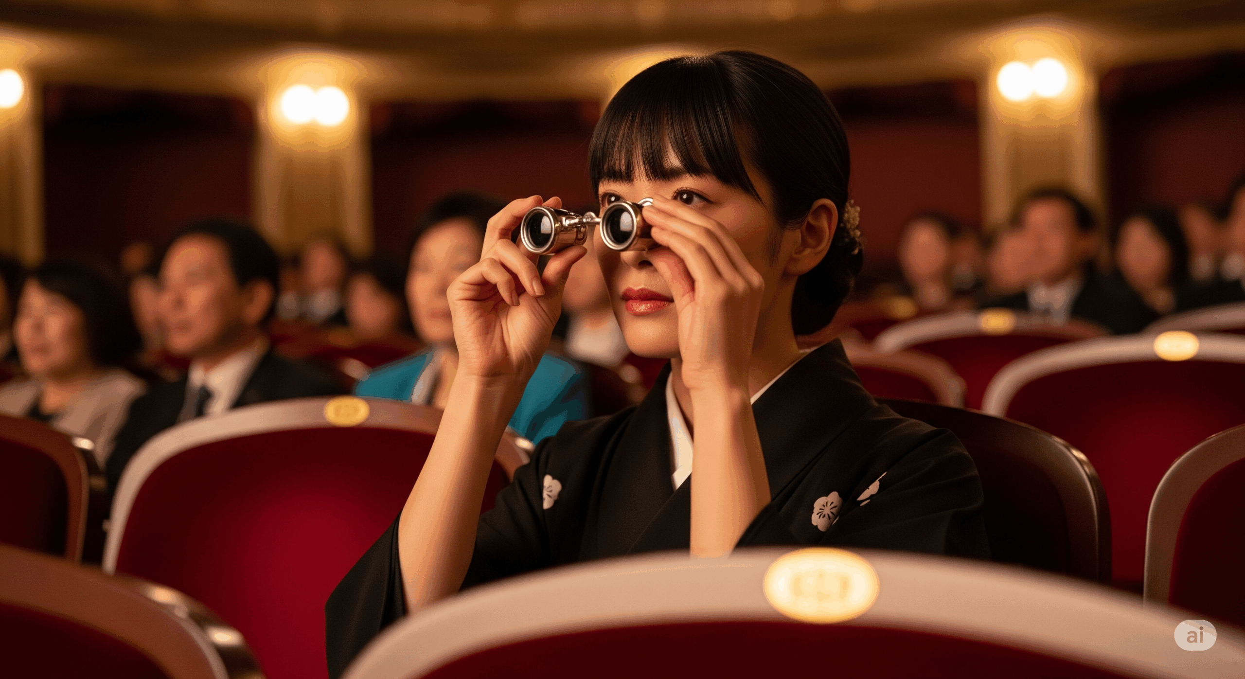 劇場の座席に座った日本人女性が小さなオペラグラスを上品に構えている様子