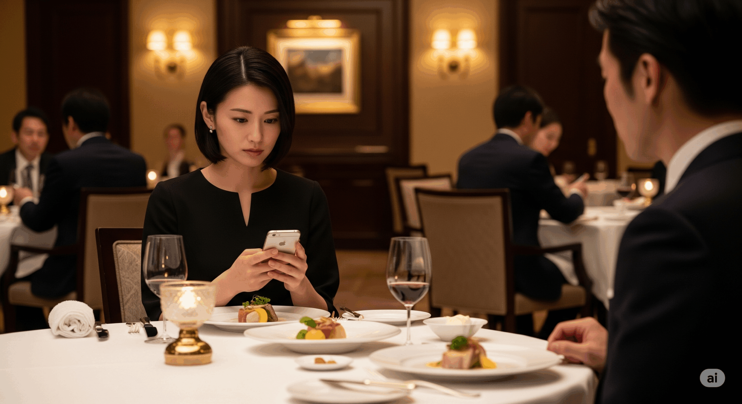 高級レストランの店内で、30代の日本人女性が携帯電話を見ながら困った表情を浮かべている様子