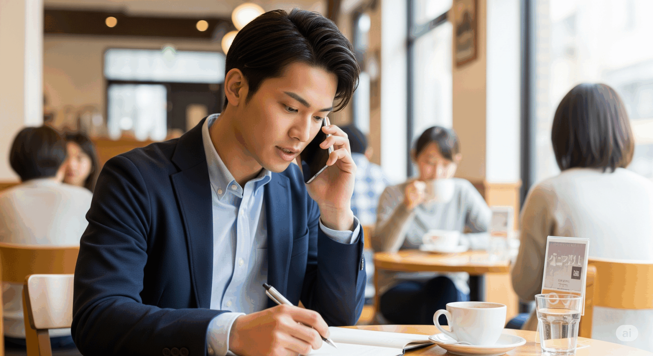 カフェのテーブルで20代の日本人男性がスマートフォンで電話予約をしている様子