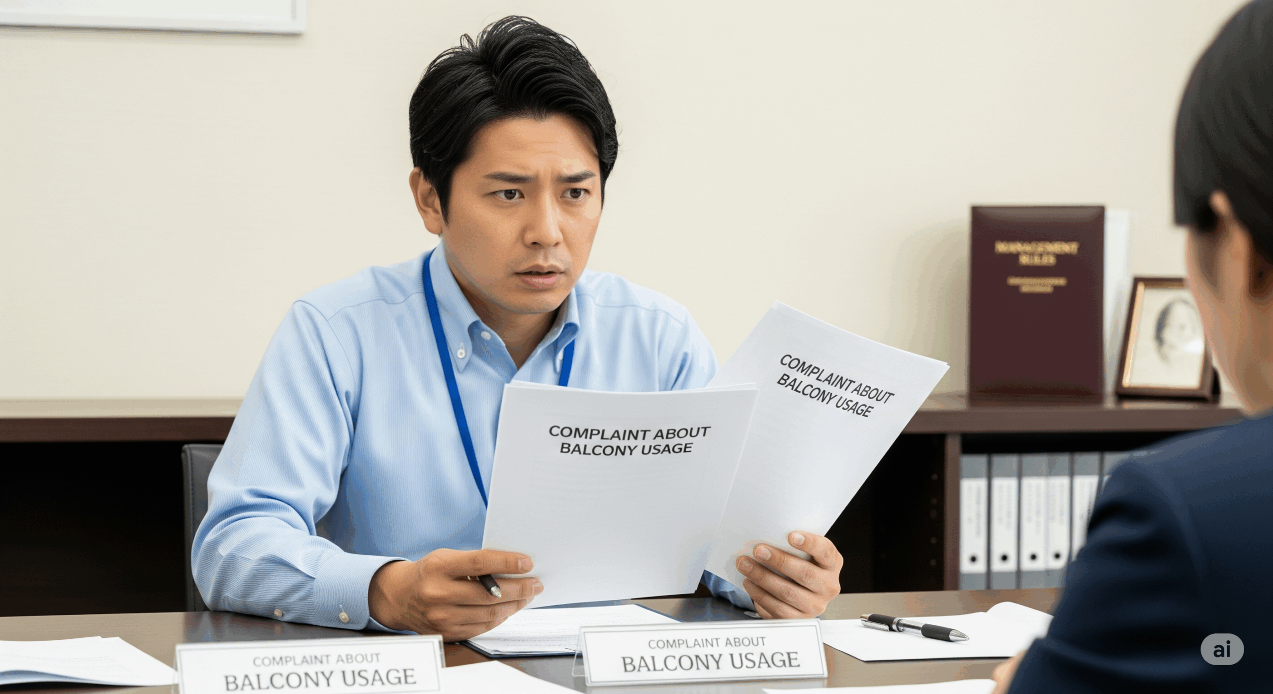 マンションの管理組合の会議室で、30代の日本人男性管理者が書類を持ちながら困った表情を浮かべている様子