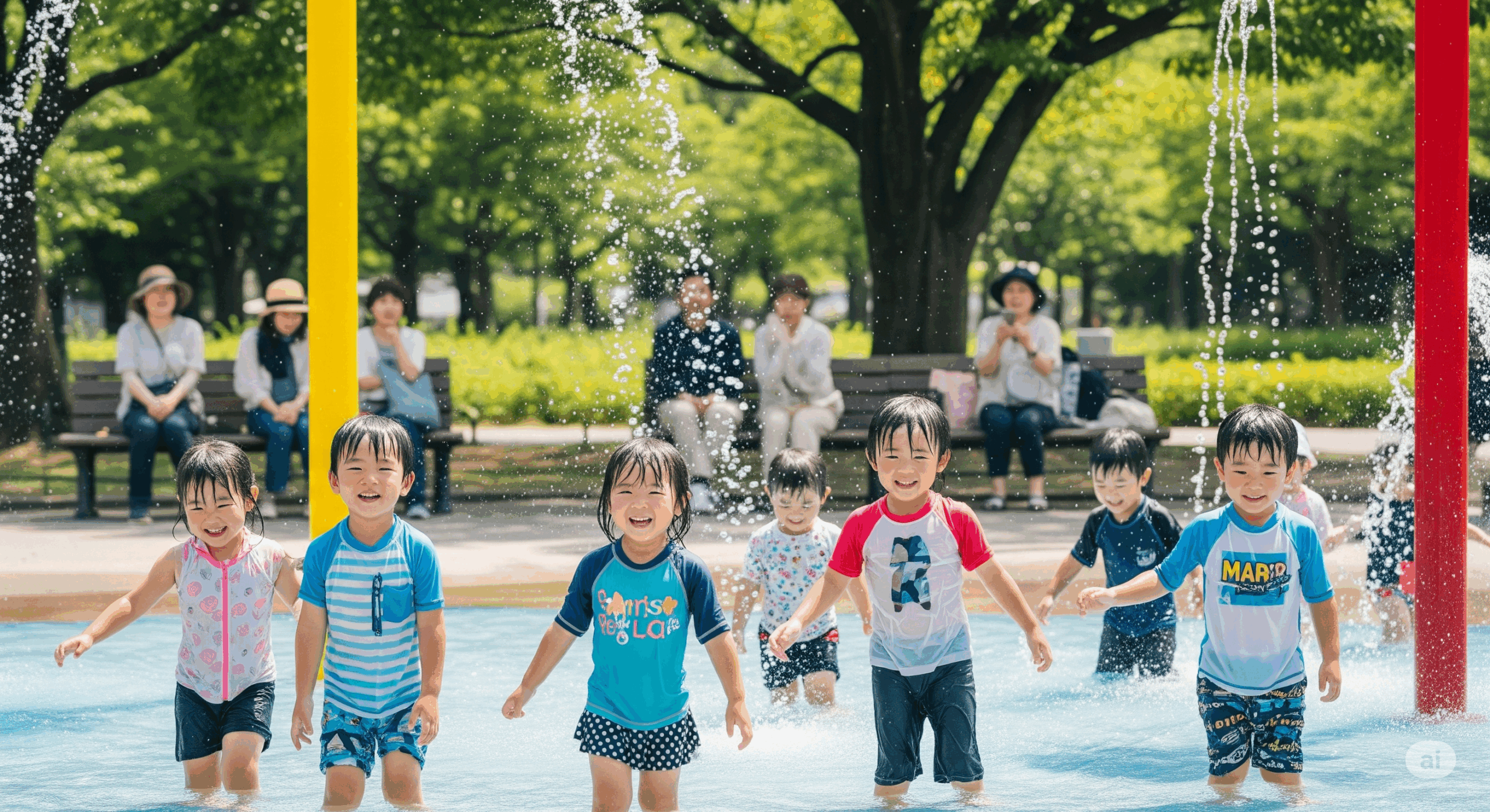 公園の水遊び場で楽しそうに遊ぶ日本人の子供たち