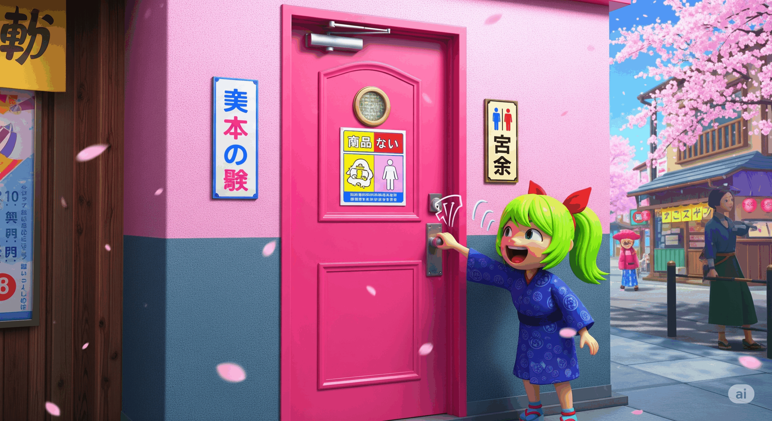 公共トイレでのノックの場面を描写する画像