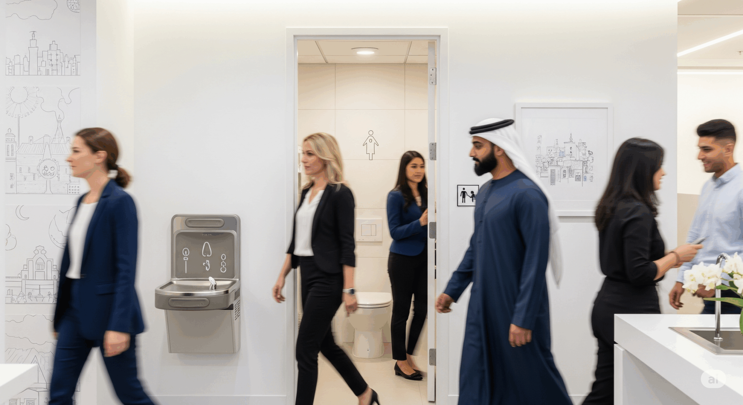 国際的なオフィス環境を表現した明るいトイレエリア