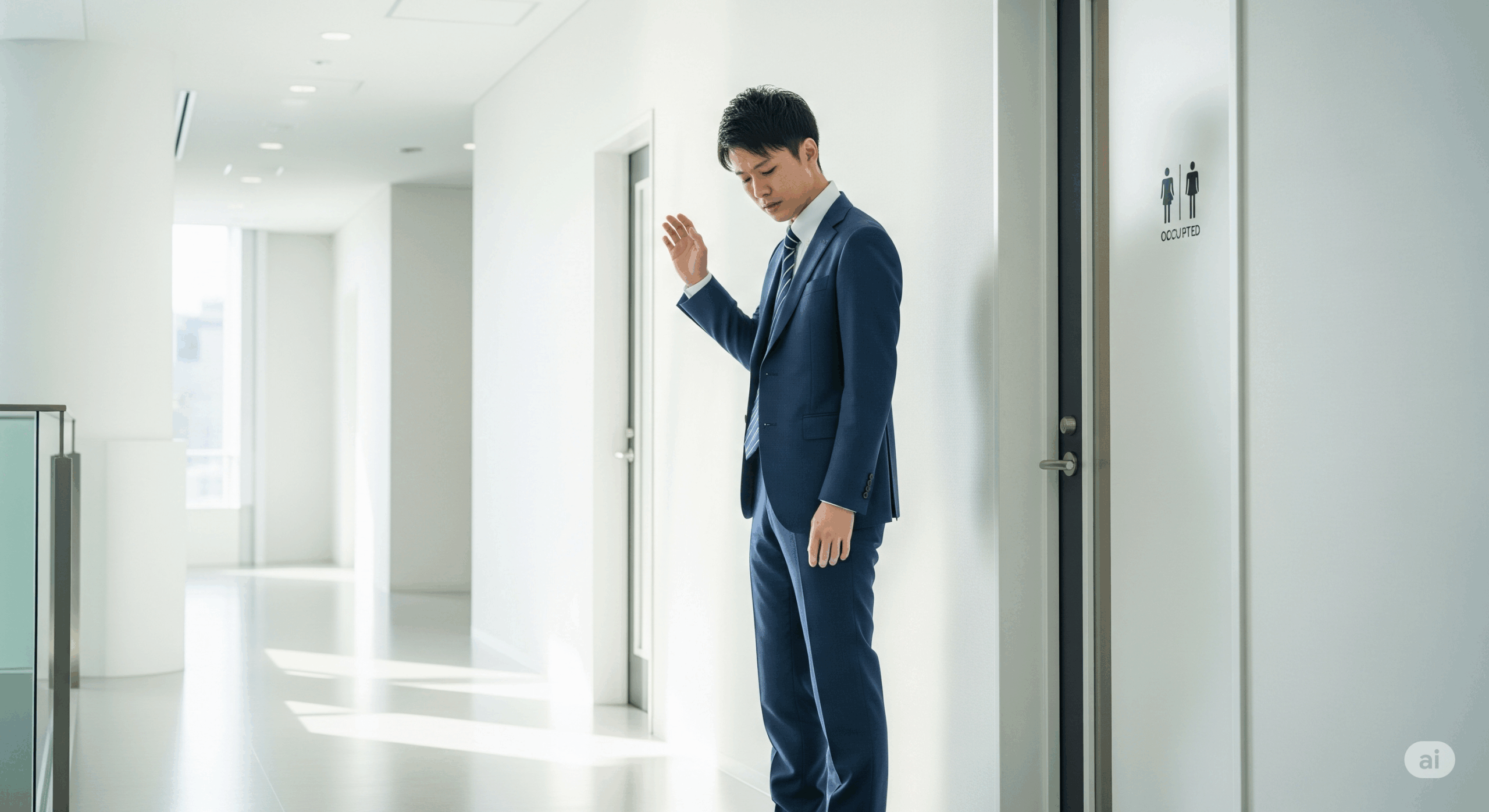 現代的なオフィスの廊下で、20代の日本人男性がトイレのドアの前で困った表情を浮かべている場面